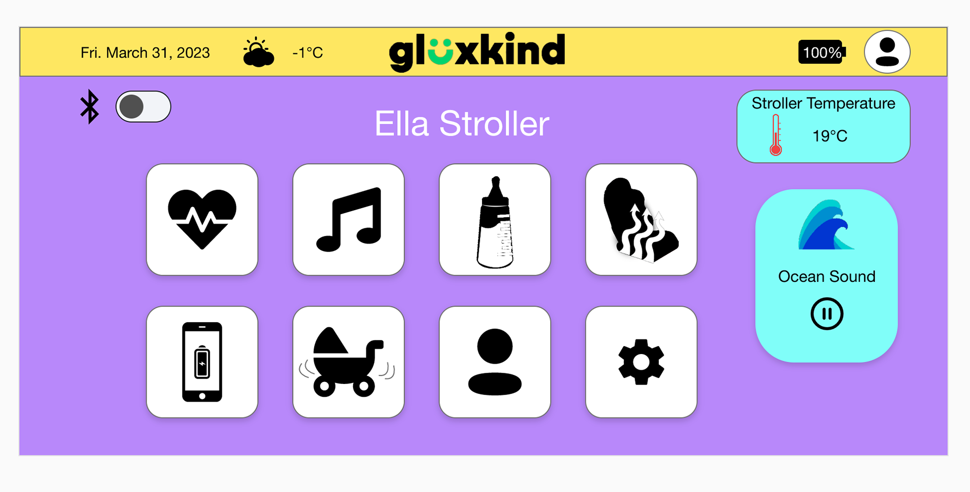Homepage of the UI Design on a screen that is located on the stroller and can access it on their phone too. It also has features on it where people can select the bluetooth button, music button, baby bottle warmer, a phone with an charging icon in the middle of the phone, the rocking stroller, the profile icon and the settings icon. It also shows the temperature of the stroller. There is a ocean of the waves icon meaning the sound is being played.