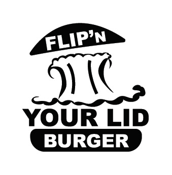 It's a logo of a burger where the top of the burger bread on the logo is being pushed upward from the explosion which both the burger bun and the explosion in the logo is in a knight black colour. The words Flip'N is on the top of the burger bun and the word Burger is on the bottom burger bun both in a smooth white colour. The words Your Lid is in knight black colour underneath the knight black colour of the explosion in the logo. The background of the logo is in a smooth white colour.