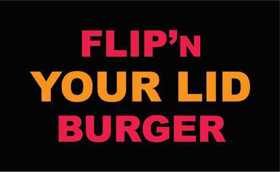 It’s a wordmark where the words Flip’N and Burger are in a retro red colour. The word Your Lid is in a cheesy orange colour and the background colour of the wordmark is in a knight black colour.