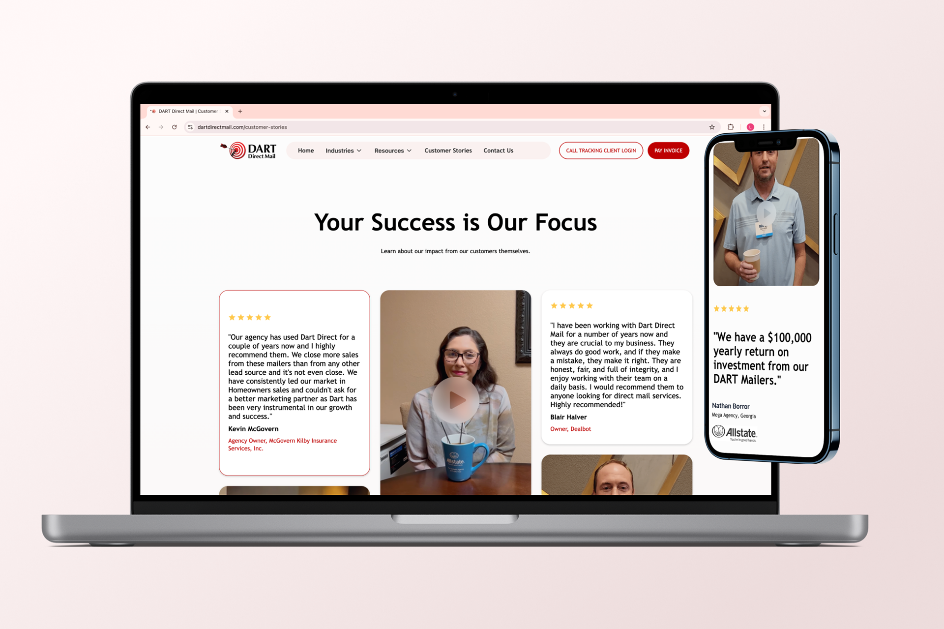 Prominent client reviews and testimonials on 'Customer Stories' Page and tailored reviews on industry pages.