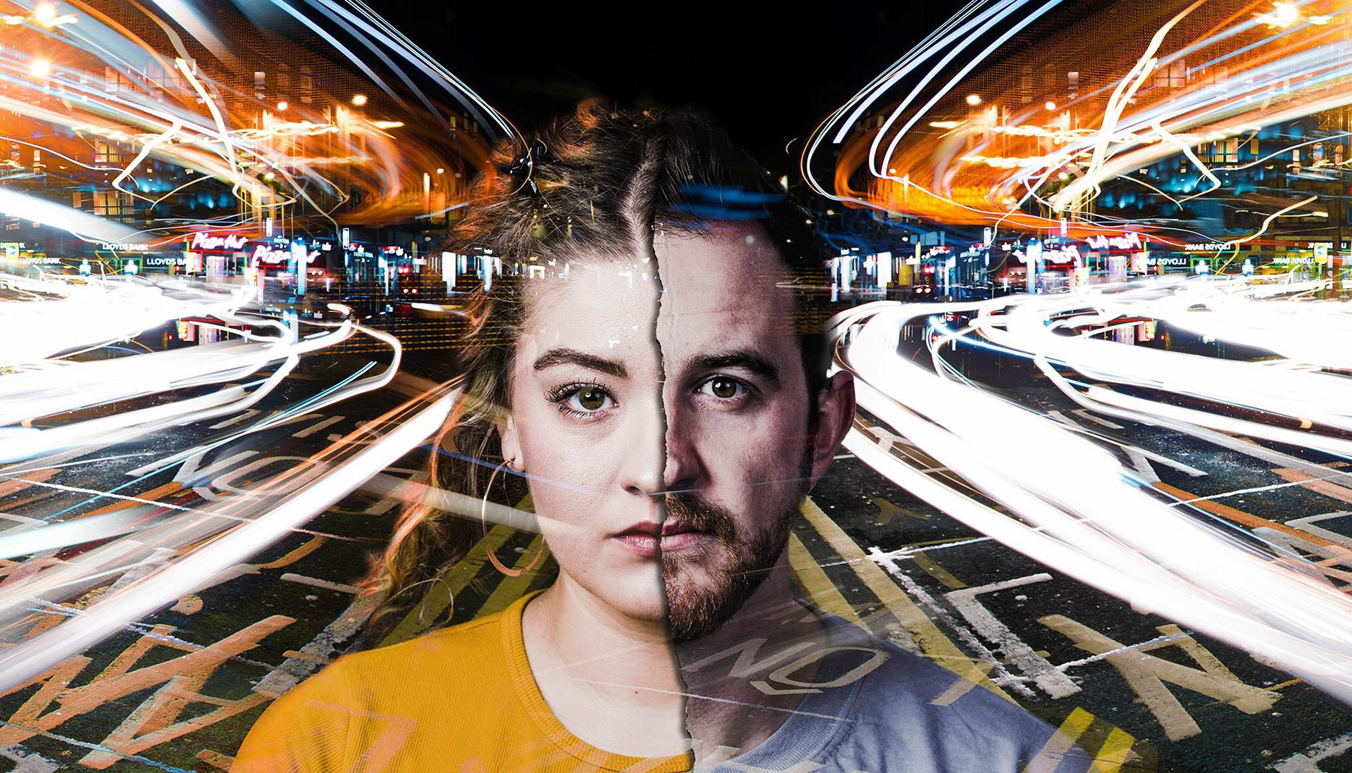 Poster commissioned by Theatr Genedlaethol Cymru for their production of 'Merched Caerdydd / Nos Sadwrn o Hyd' by by Catrin Dafydd and Roger Williams. Two contemporary plays by two of Wales’ most distinct voices, both sharing similar themes of city life in Cardiff. The image was created by photographing both actors in my studio and then spending two nights in Cardiff City Centre after dark photographing moving traffic using a slow shutter speed to create light trails to create a sense of vibrancy and movement that comes from living in a city. 40 images of traffic light trails were then layered on top of each other and then mirrored. The two actors were then combined to create one face. 