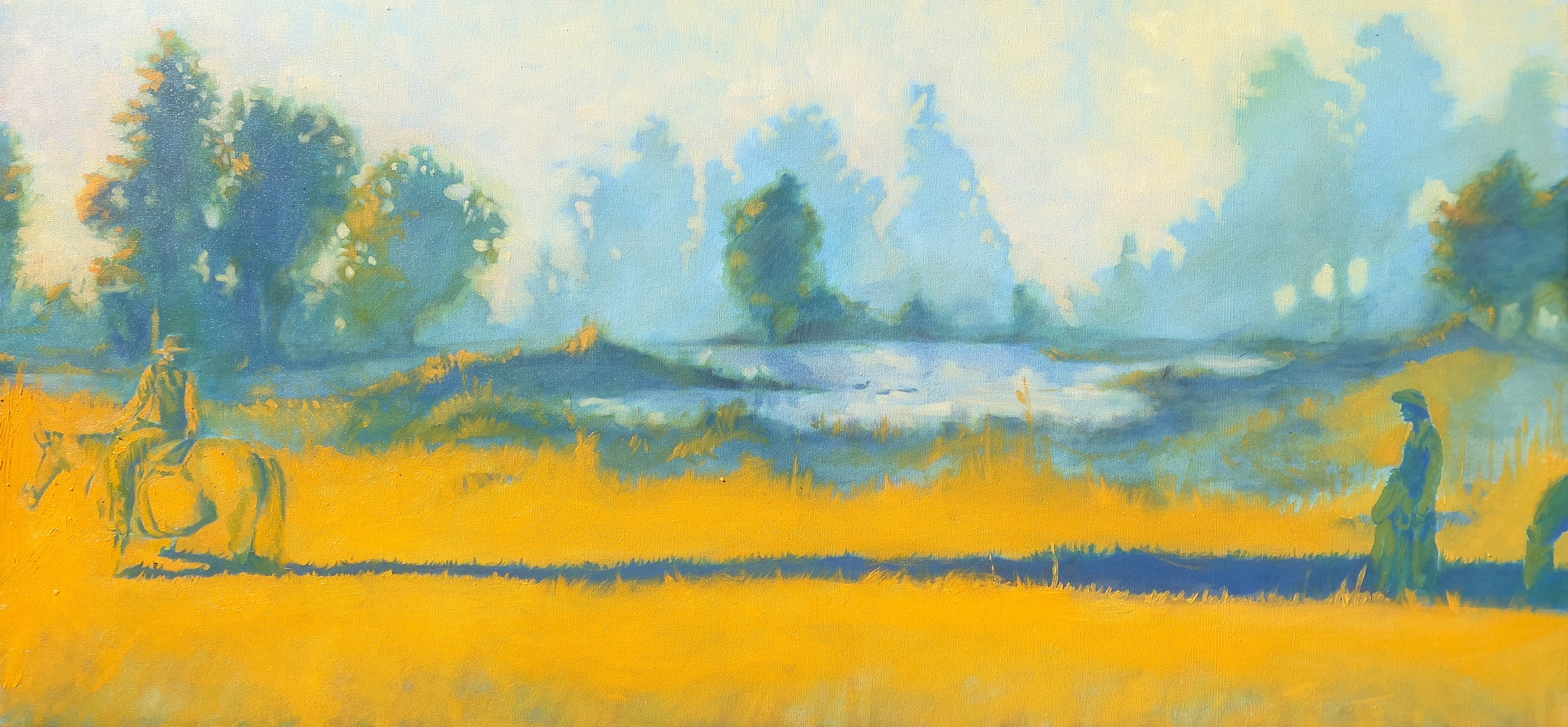 Cowboys in Blue and Gold, 2025 Oil on Canvas, 24"x48"