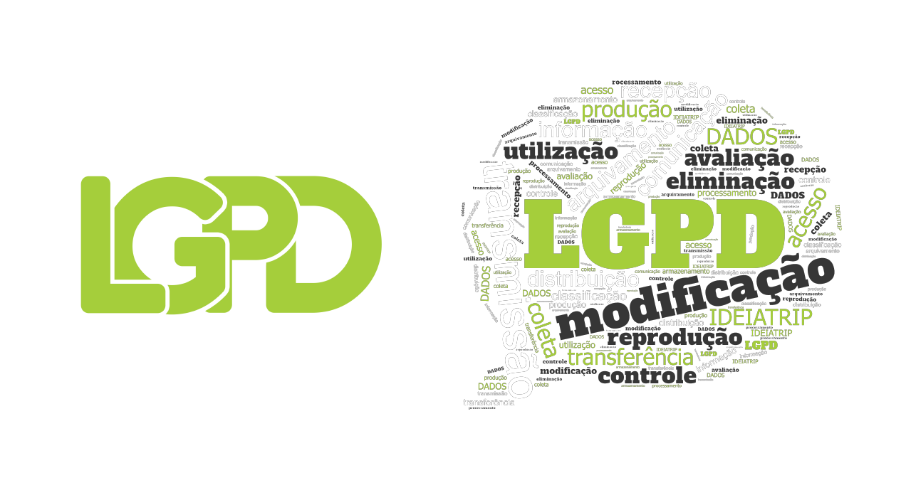 Artes com tipografia um grande texto de LGPD verde limão agrupado e um balão de fala construido com palavras importantes para LGPD como coleta de dados, controle, transferencia e etc