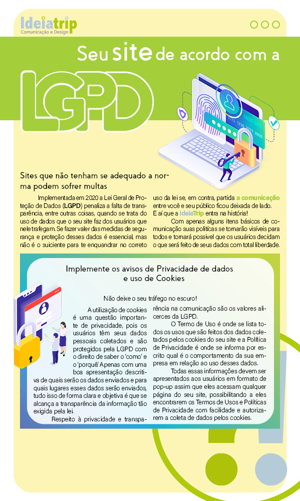 Imagem de e-mail marketing com fundo amarelo, uma grande faixa verde com "seu site de acordo com LGPD " com imagens de um notebook com elementos de segurança como cadeados e biometria
