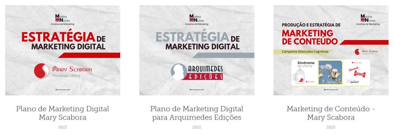 Conjunto de capas do portifólio de Marina Nunes Celestino contendo estratégias de marketing digital e marketing de conteúdo