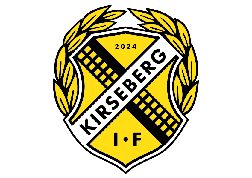 Huvudemblem för fotbollsklubben Kirseberg IF i form av en sköld i gult med namnet Kirseberg skrivet från vänstra botten till högra toppen.