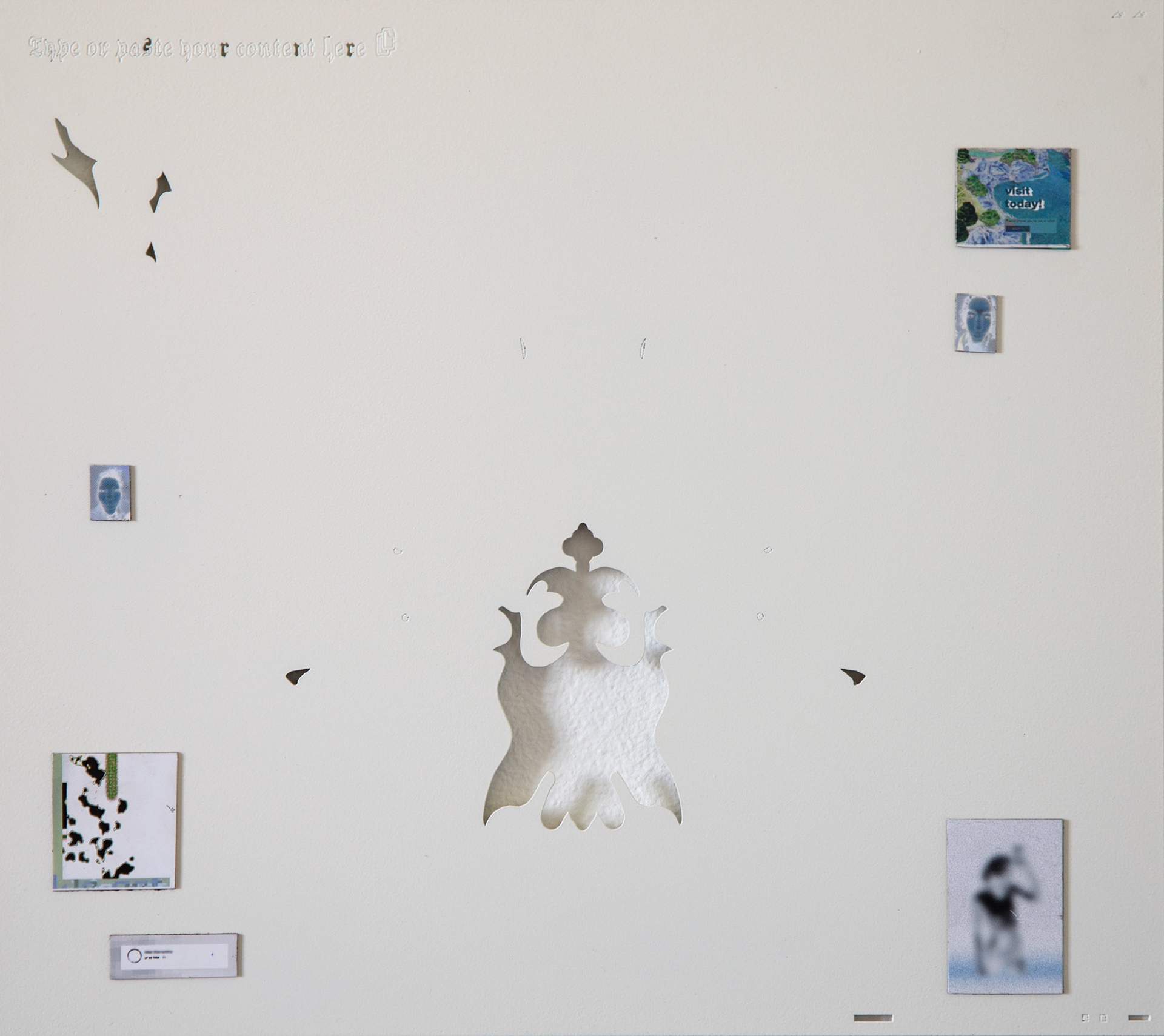 TYPE OR PASTE YOUR CONTENT HERE , 2024 PURE WHITE POWDER COATED LASER-CUT STEEL AND PRINTED MAGNETIC UV VINYL 36 x 40 cm