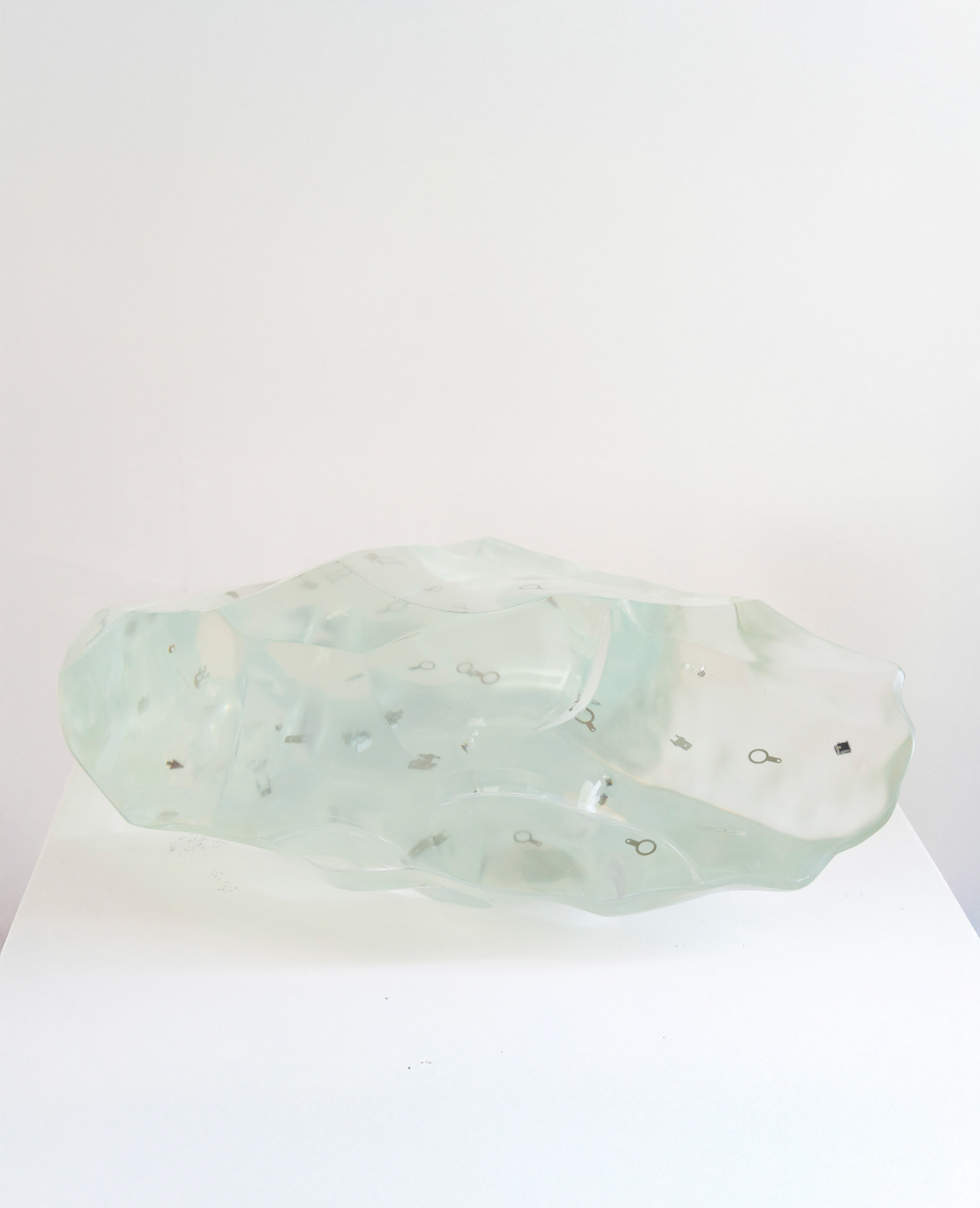 STONE TOOL *SOLID AIR*, 2024 /8 +1AP 3D SCANNED ACHEULEAN HANDAXE, SCALED TO 60CM, CAST IN CLEAR RESIN WITH MISCELLANEOUS ELECTRONIC COMPONENTS SUSPENDED WITHIN 17 x 60 x 34 cm