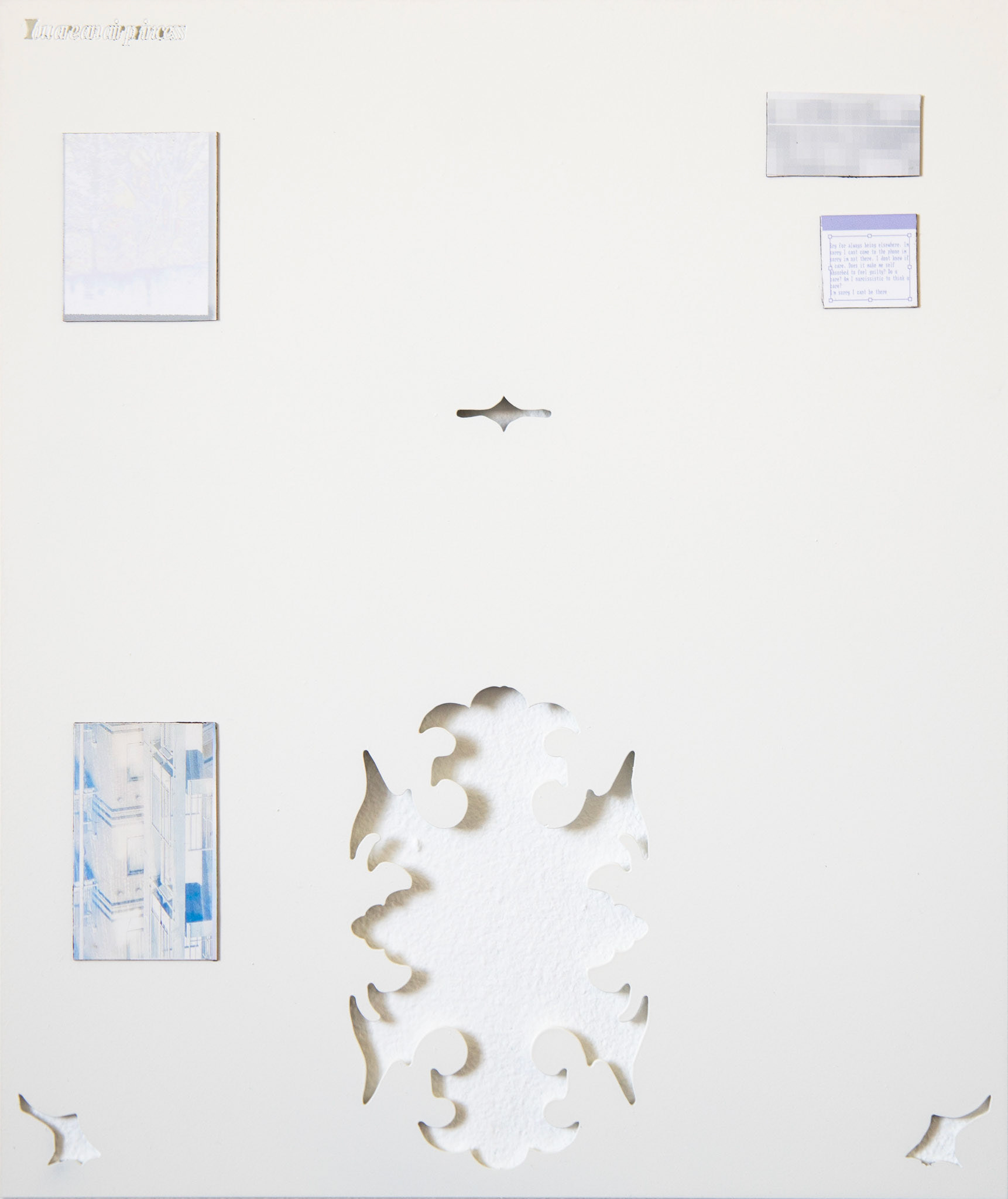 YOU ARE AN AIR PRINCESS {!}, 2024 PURE WHITE POWDER COATED LASER-CUT STEEL AND PRINTED MAGNETIC UV VINYL 41.5 x 35 cm