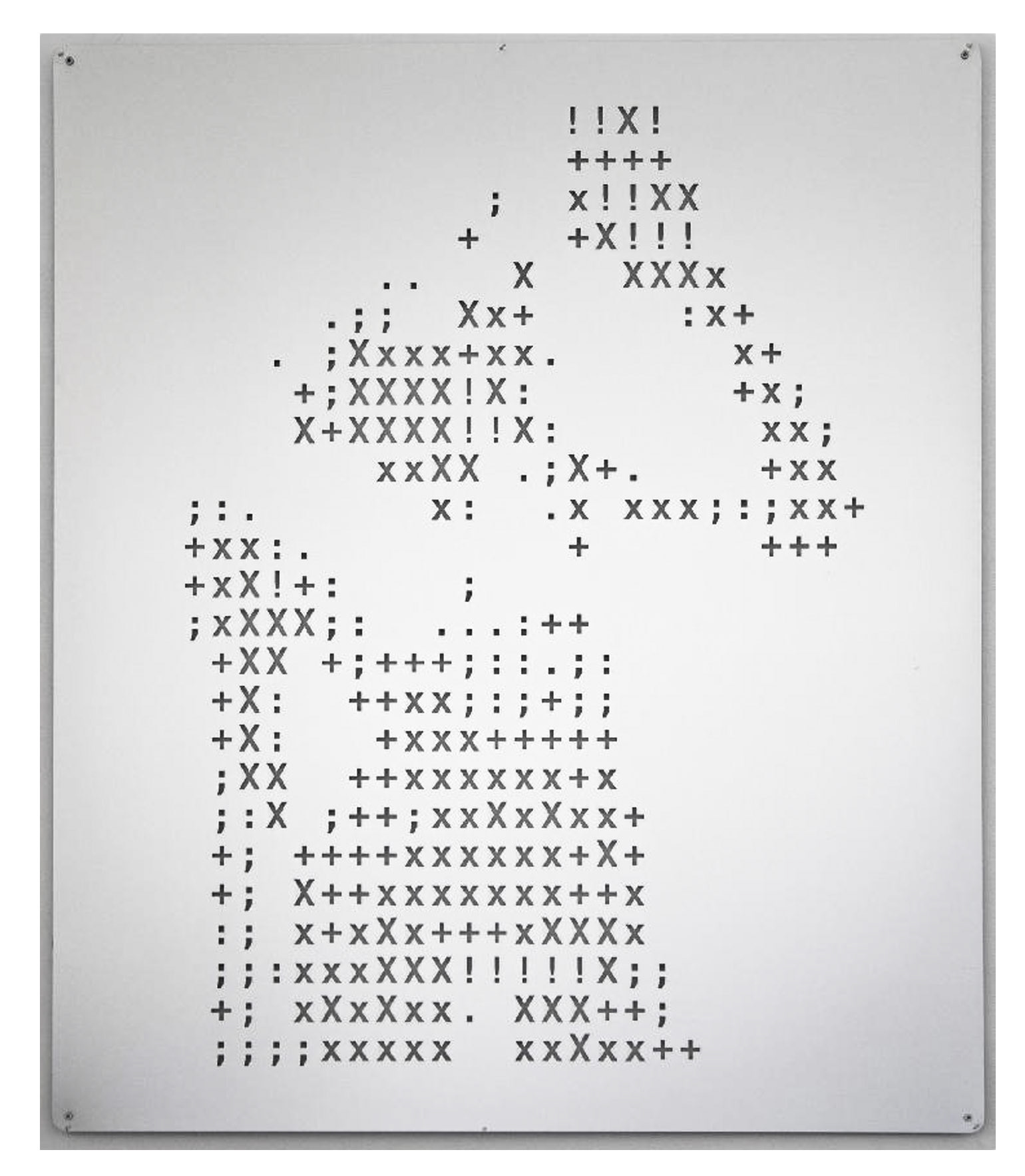 crude encryption_metal body, 2024 Ed. 1/3 +1AP LASERCUT SHEET OF ANODISED ALUMINIUM, MOUNTED ON A SECOND SHEET OF MIRROR-LIKE STAINLESS STEEL 140 x 120 cm