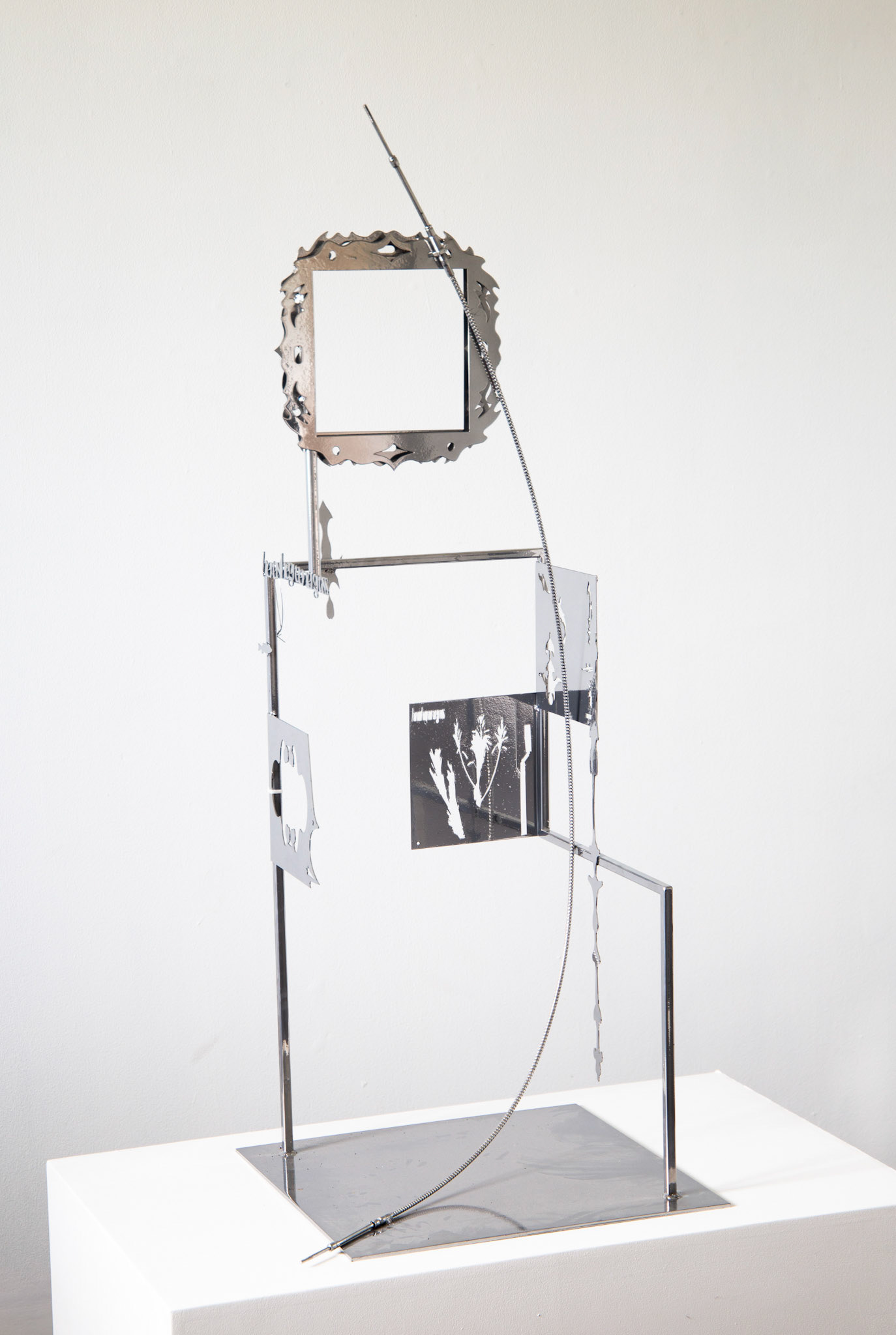 CITY, 2024 POWDER COATED STEEL FRAME AND LAZERCUT DRAWINGS, PRINTED VINYL, MAGNETS, CHAINS, MEDICAL TUBES AND AEROPLANE PART 136.5 x 56.5 x 50 cm