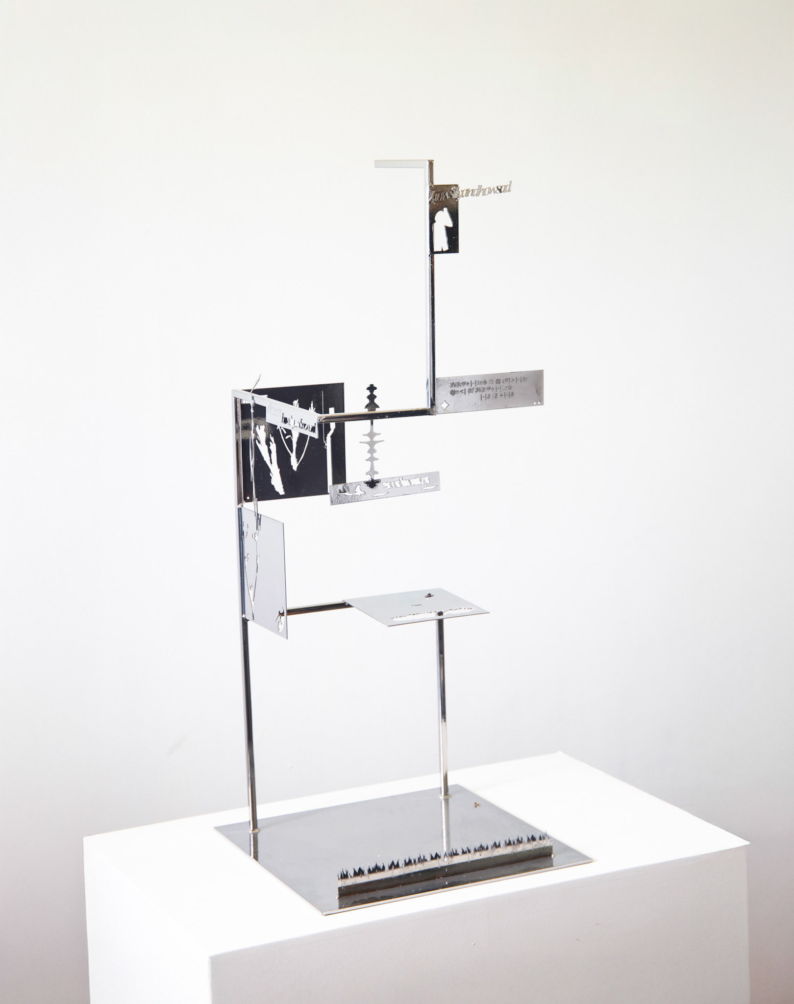 GARDEN, 2024 POWDER COATED STEEL FRAME AND LAZERCUT DRAWINGS, PRINTED VINYL, MAGNETS, CHAINS AND MEDICAL TUBES 118 x 50 x 50 cm