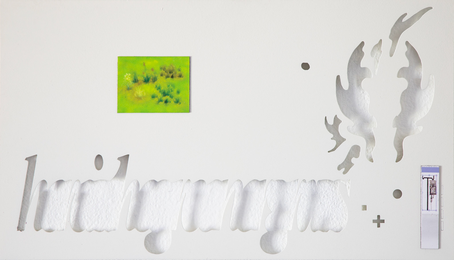 _HERE_ IS THE GREENER GRASS, 2024 PURE WHITE POWDER COATED LASER-CUT STEEL AND PRINTED MAGNETIC UV VINYL 23 x 40 cm