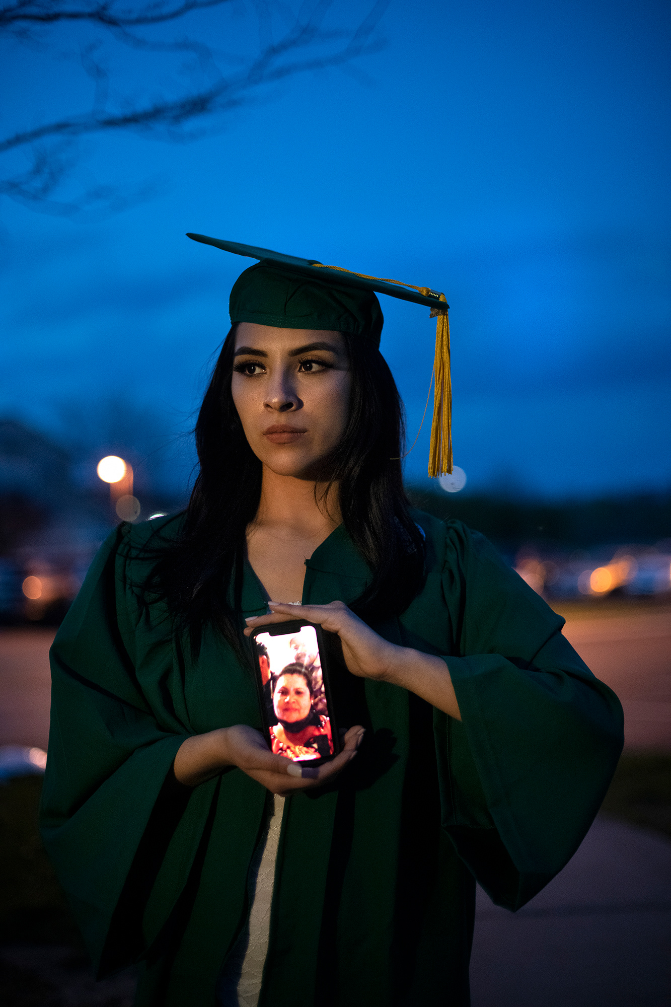 Pamela poses with a video call to her mother, 2021