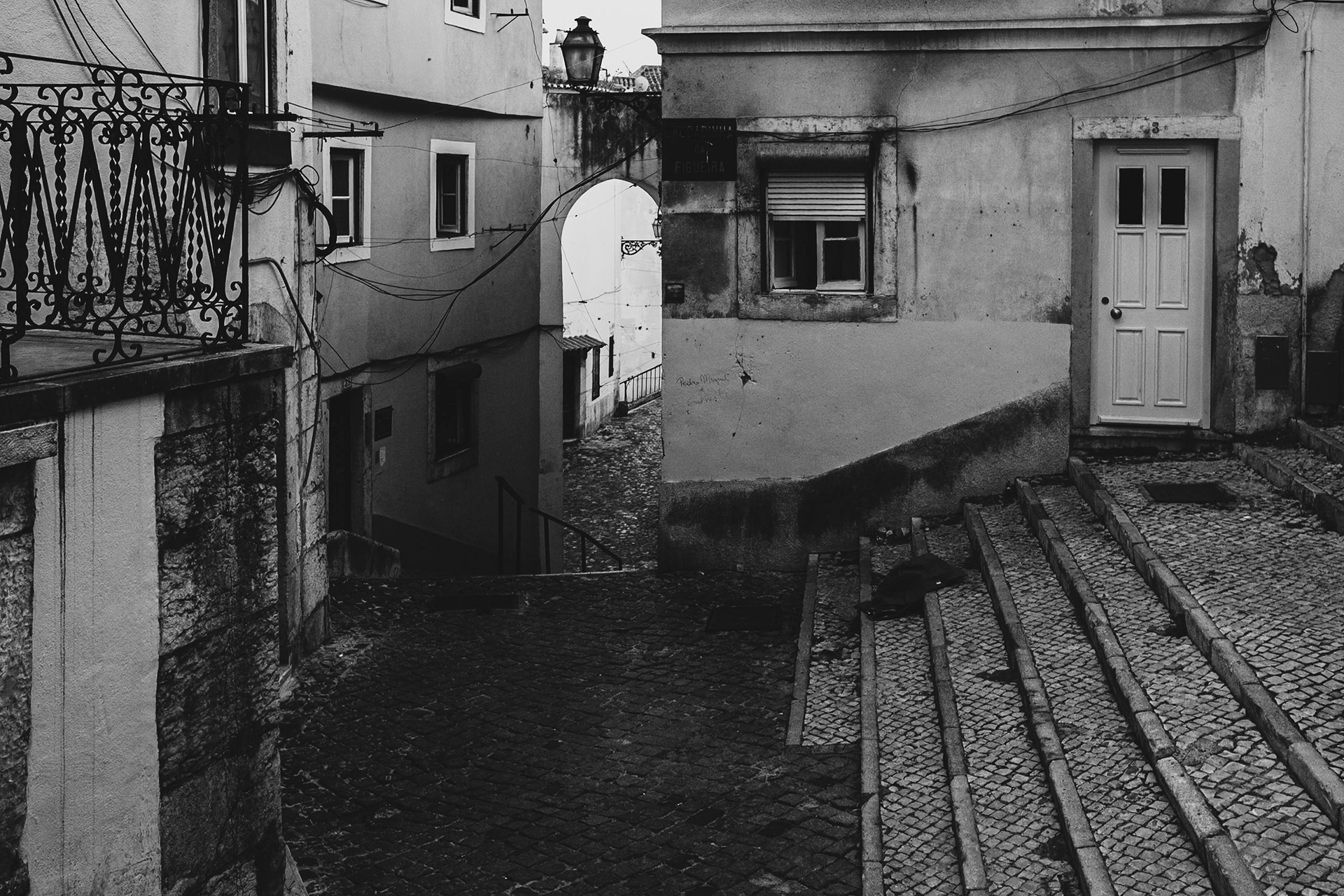 Black and white view of Alfama in Lisbon