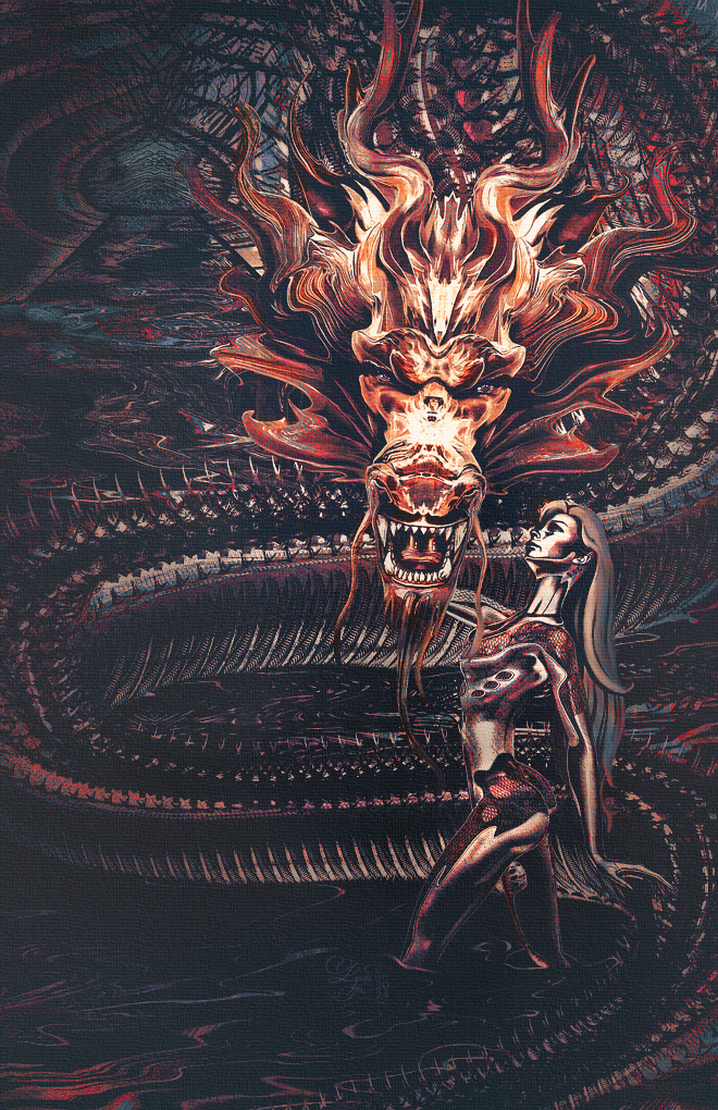 "Fembot and Dragon" v. 1. 11 x 17 in. Giclee. October 2024