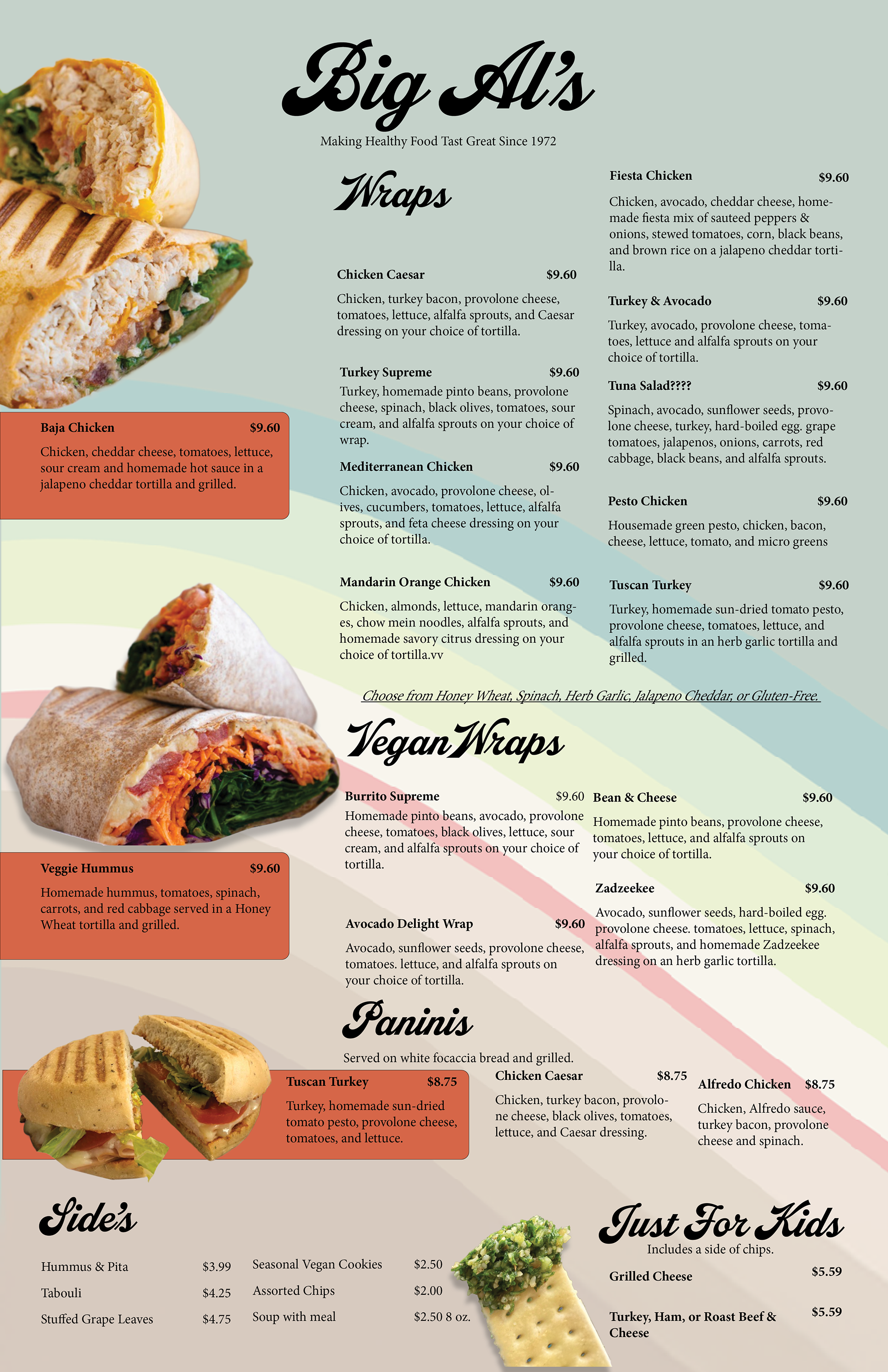 Menu featuring the main courses accented with photos and highlighted with graphics