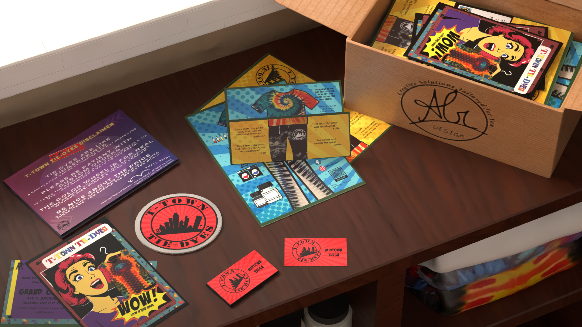 A SPREAD OF A FREASHLY OPENED MEDIA PACKAGE. FROM BUSINESS CARD TO POST CARDS. ALL YOU NEED TO GET STARTED