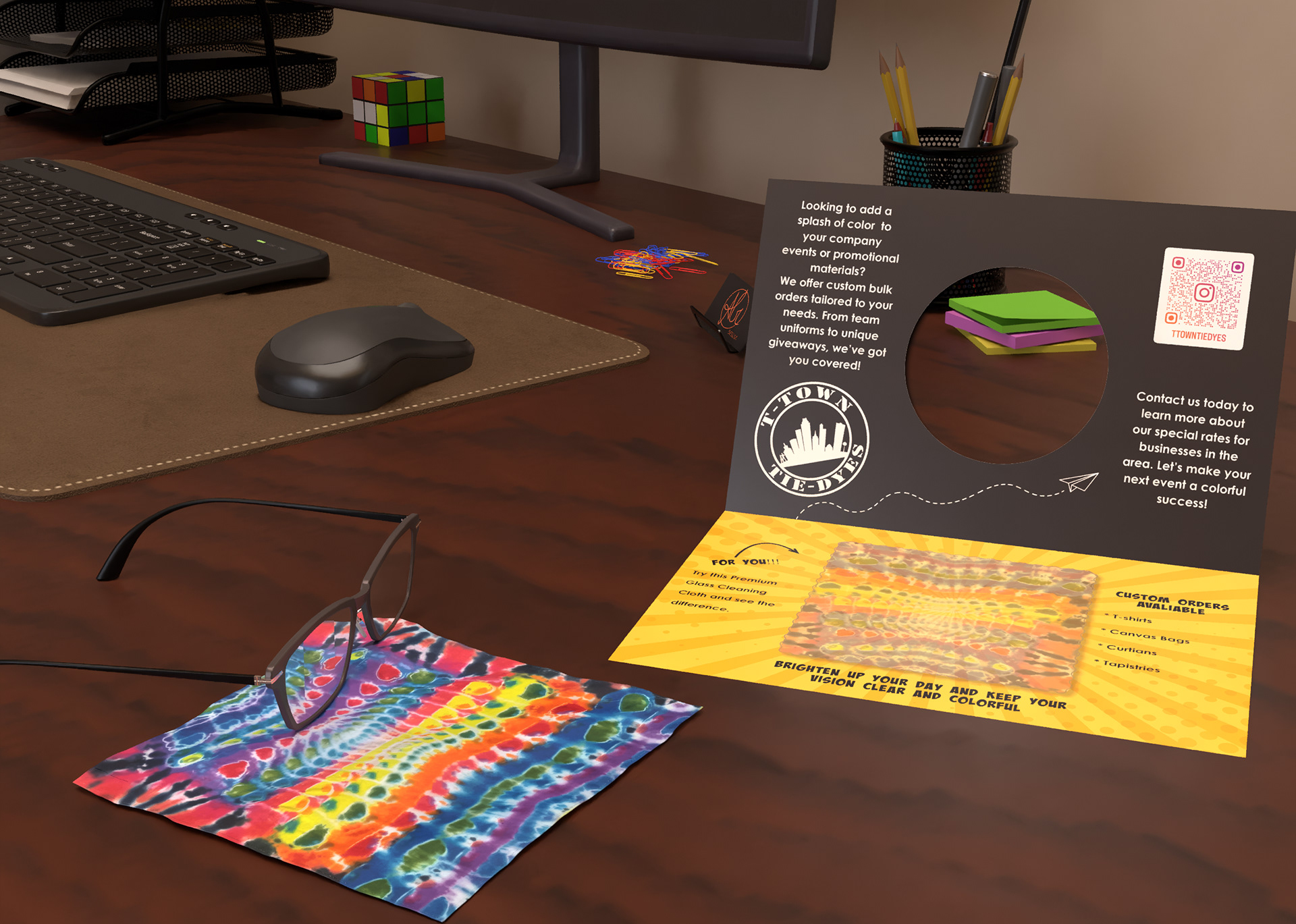 COSMIC EGG TIE-DYE CONVERTED INTO AN EYEGLASS CLOTH WITH INTRODUCTION MAILER