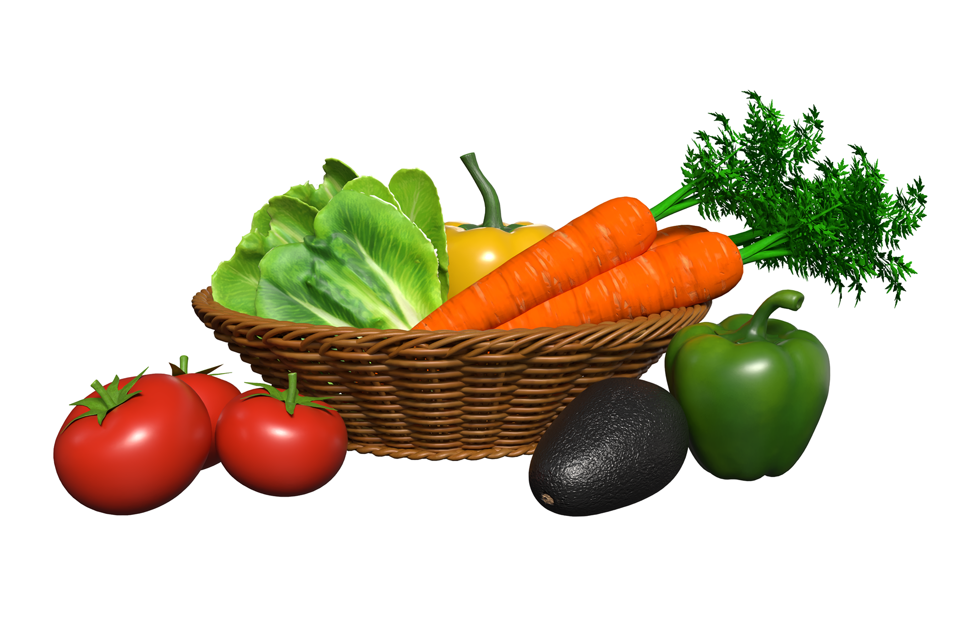 3d model rendering of vegetables and basket