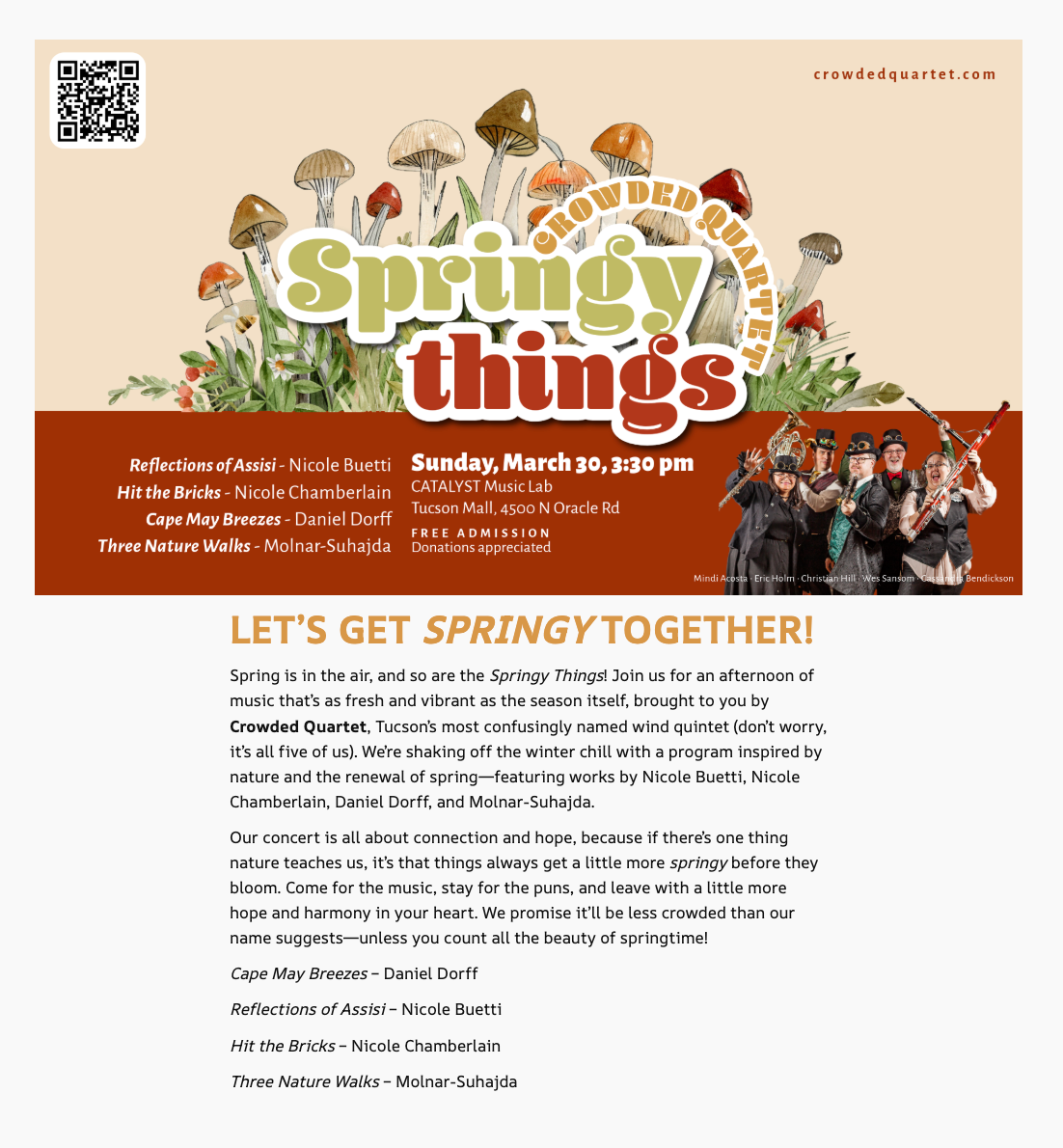 Concert Blurb (Crowded Quartet): Playful editorial work for the Crowded Quartet’s “Springy Things” series, demonstrating flexibility in tone and audience engagement.