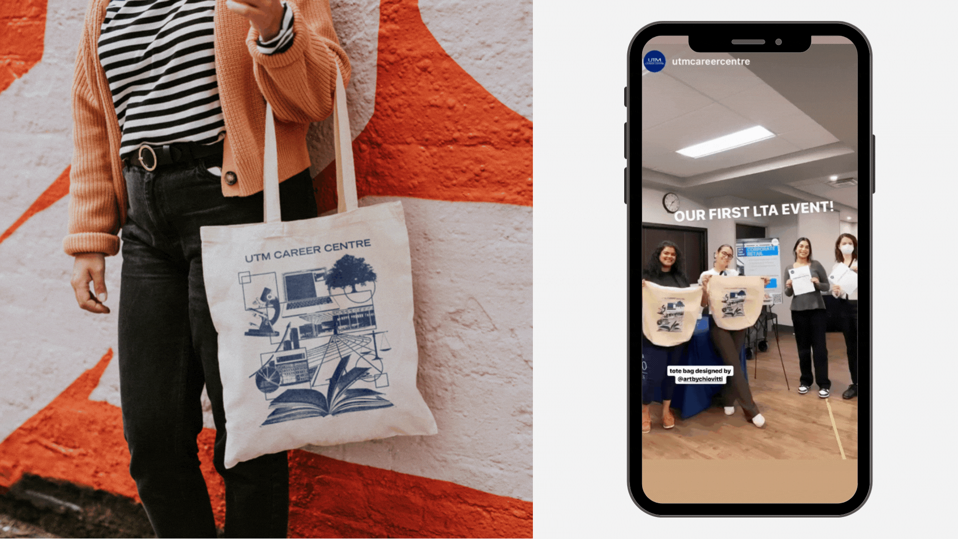 Career Centre Tote Bag Campaign (Independent): Tote bag design (left) and instagram story of give-away campaign (right)