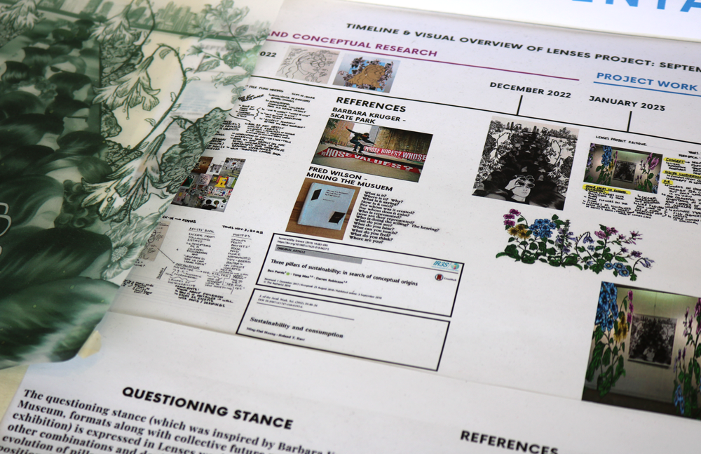 Natalie R. Chiovitti. Artist Table and Research. 2023. Prints on copy paper and mylar.