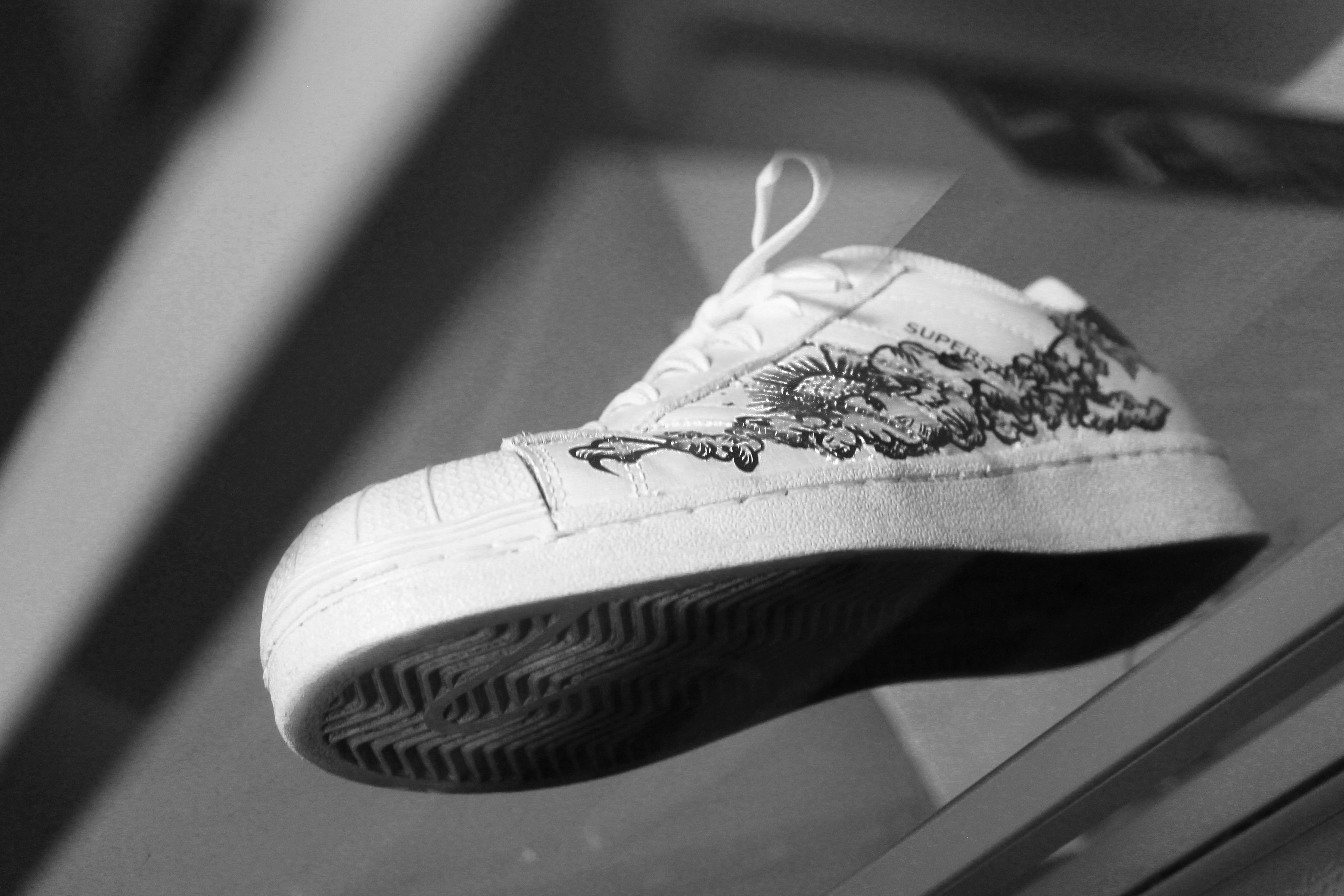 Natalie R. Chiovitti, Custom painted Adidas Superstar sneakers featured in Resilience In Progress, shoe paint and sealer on sneakers