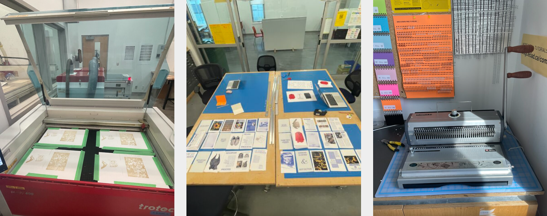 1. Artist’s book covers in Trotec laser-etch machine / 2. Page layout before binding / 3. Spiral bind manual machine