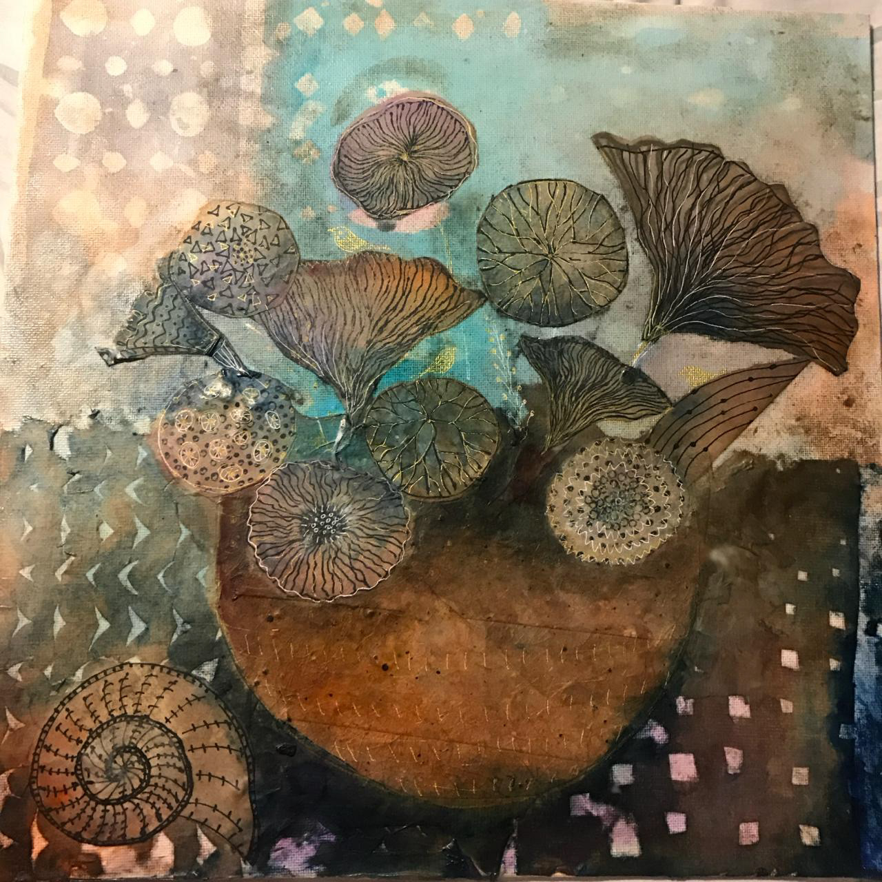 Painting and collage of flowers on canvas