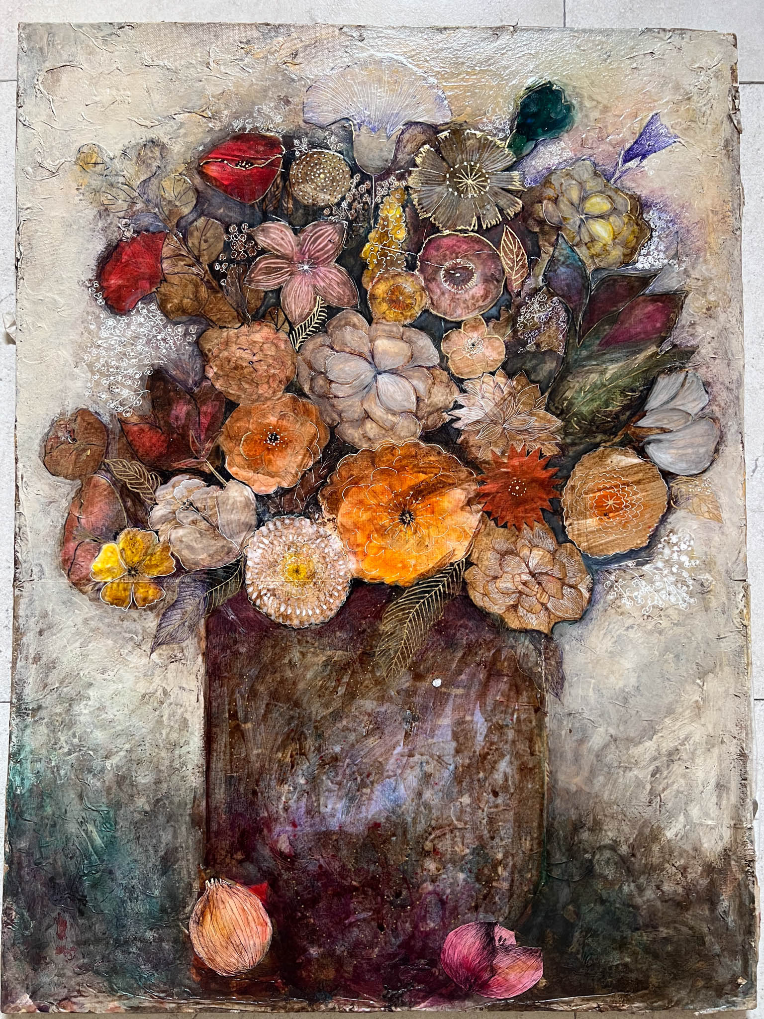 colourful assortment of flowers in vase painted on canvas