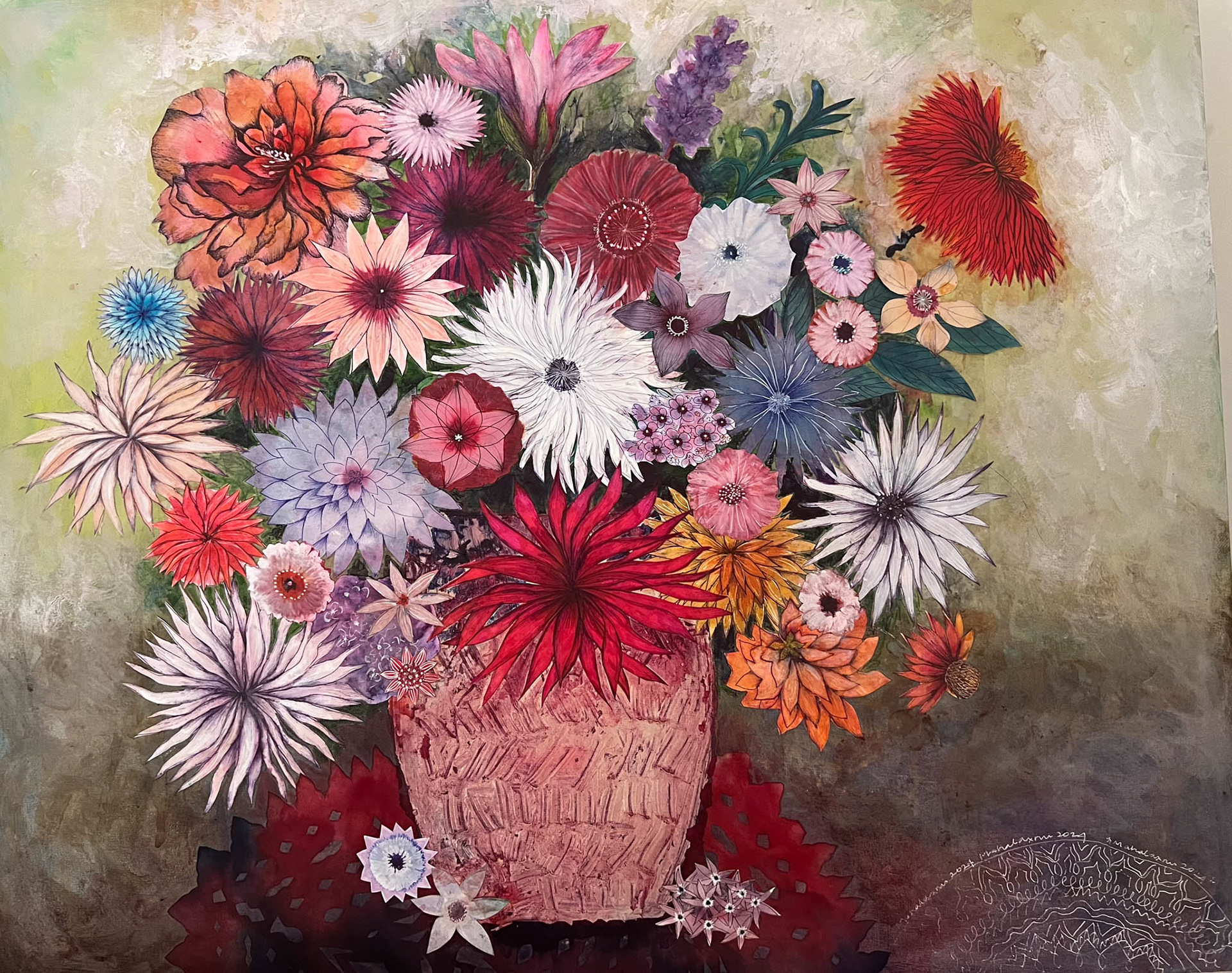 vibrant flower arrangement painted on canvas