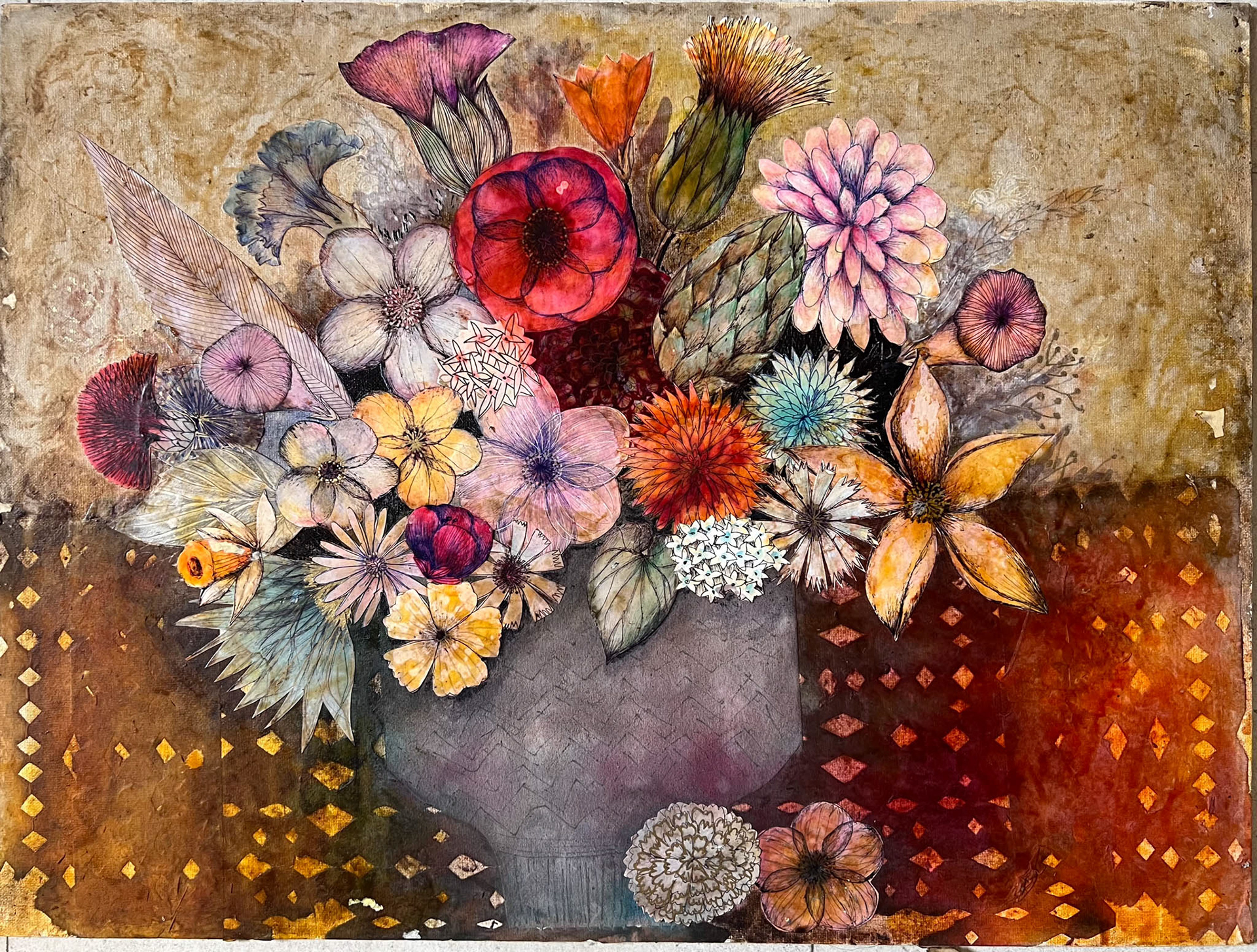 colourful assortment of flowers painted on canvas