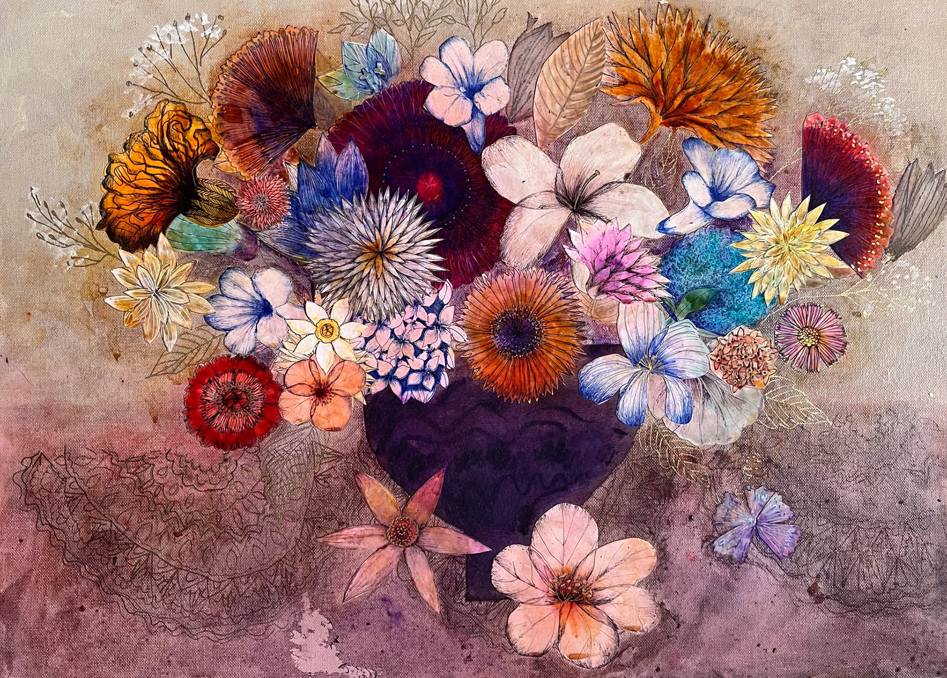 vibrant assortment of flowers painted on canvas