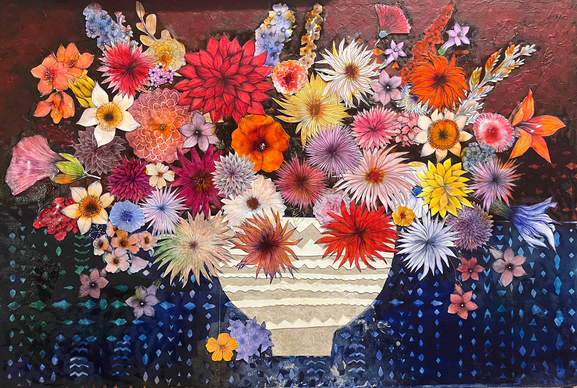 vibrant arrangement of flowers painted on textured canvas background