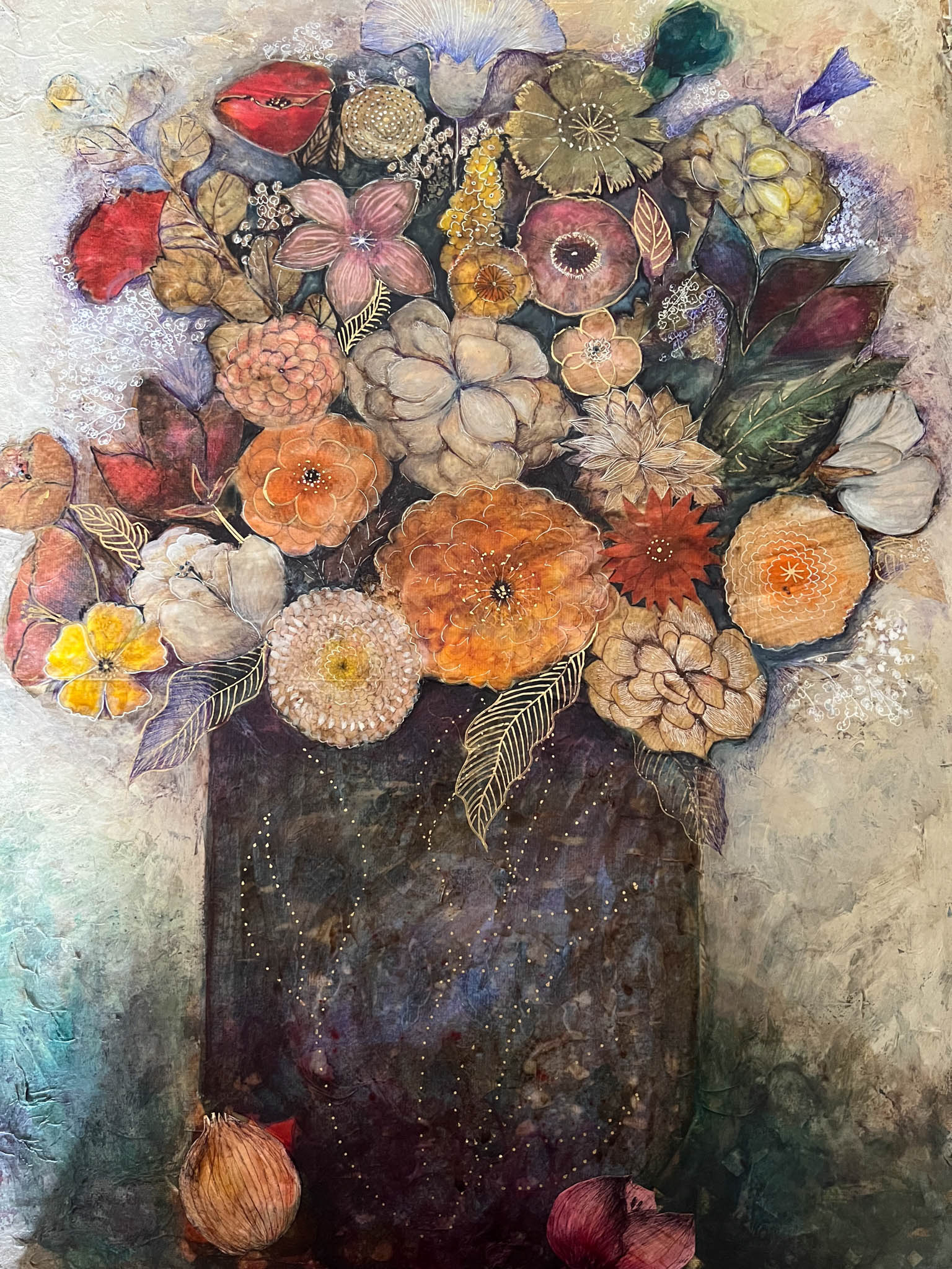 big vase of flowers painted on canvas