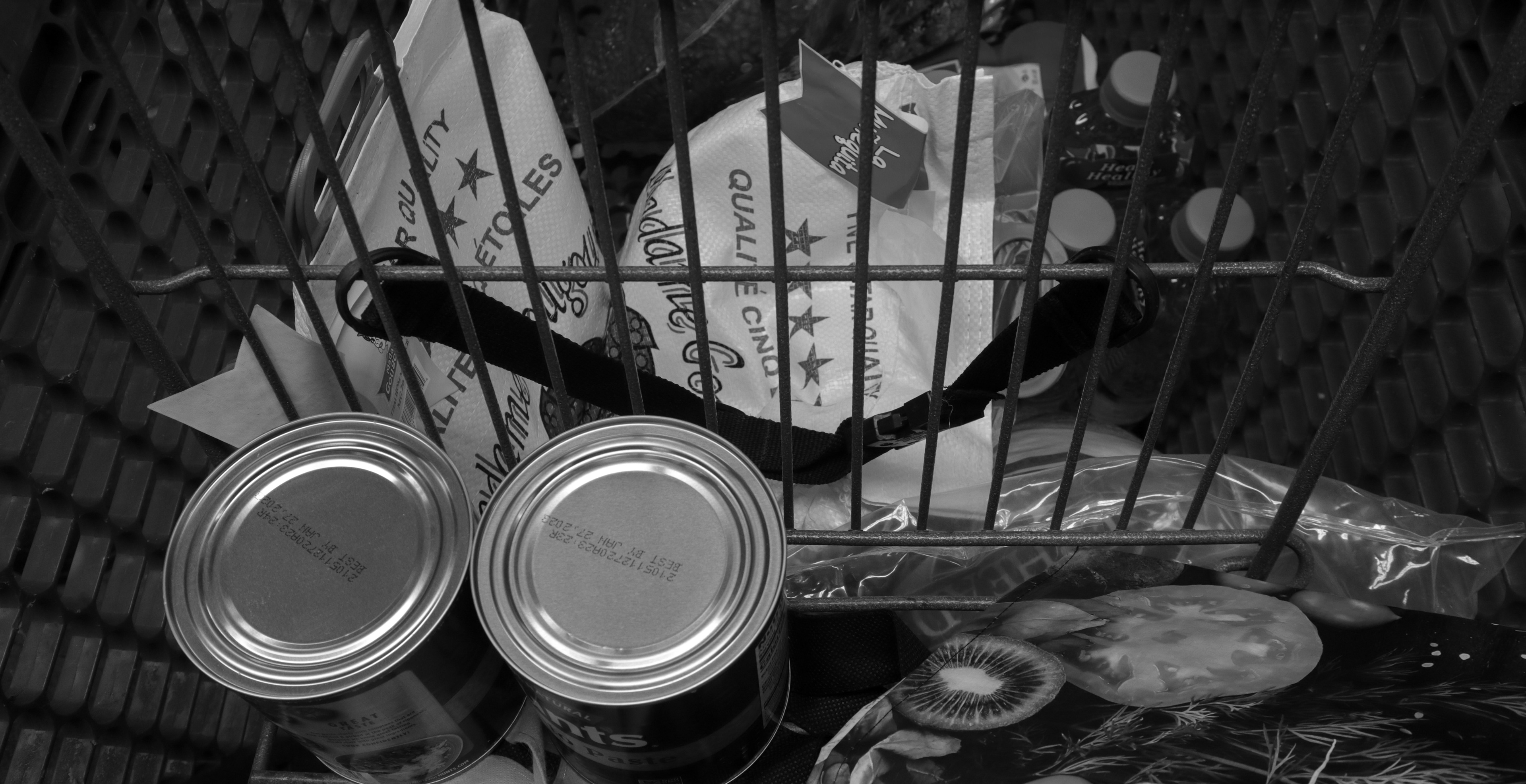 As Myrtho, Alain, and Jean wait in line, two bags of rice, tomato sauce, oil, and other items sit inside their grocery cart. The rice is for her sister-in-law, Esther, and her brother-in-law, Jacques "Michou" Michel-Ange.