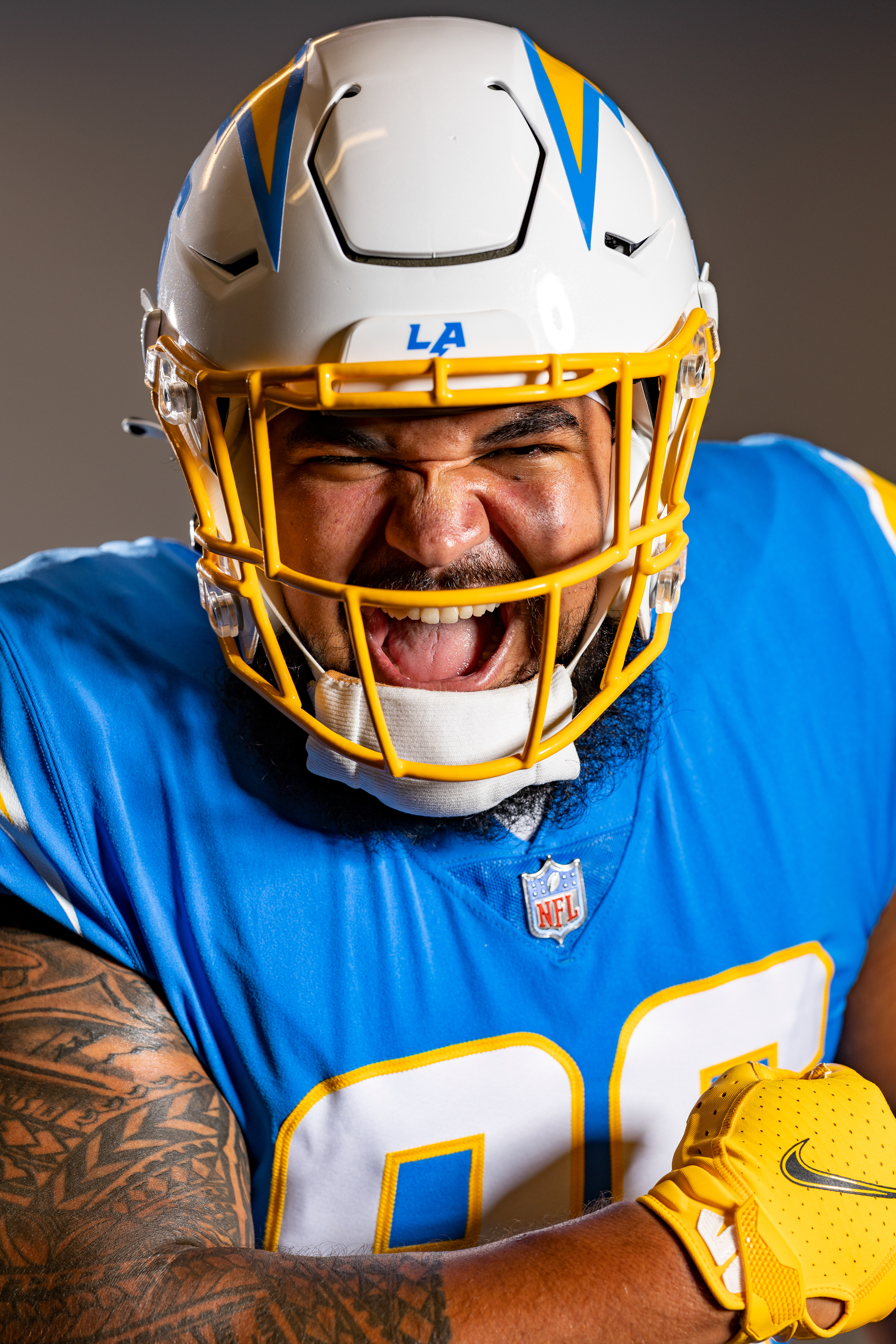 Los Angeles Chargers defensive end Breiden Fehoko poses for a portrait.