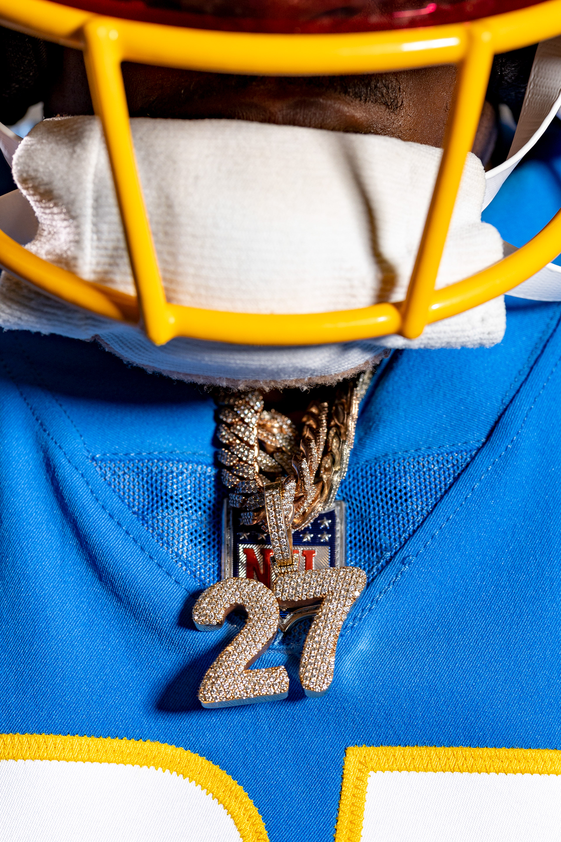 Los Angeles Chargers 	J.C. Jackson showcases his necklace during Media Day.