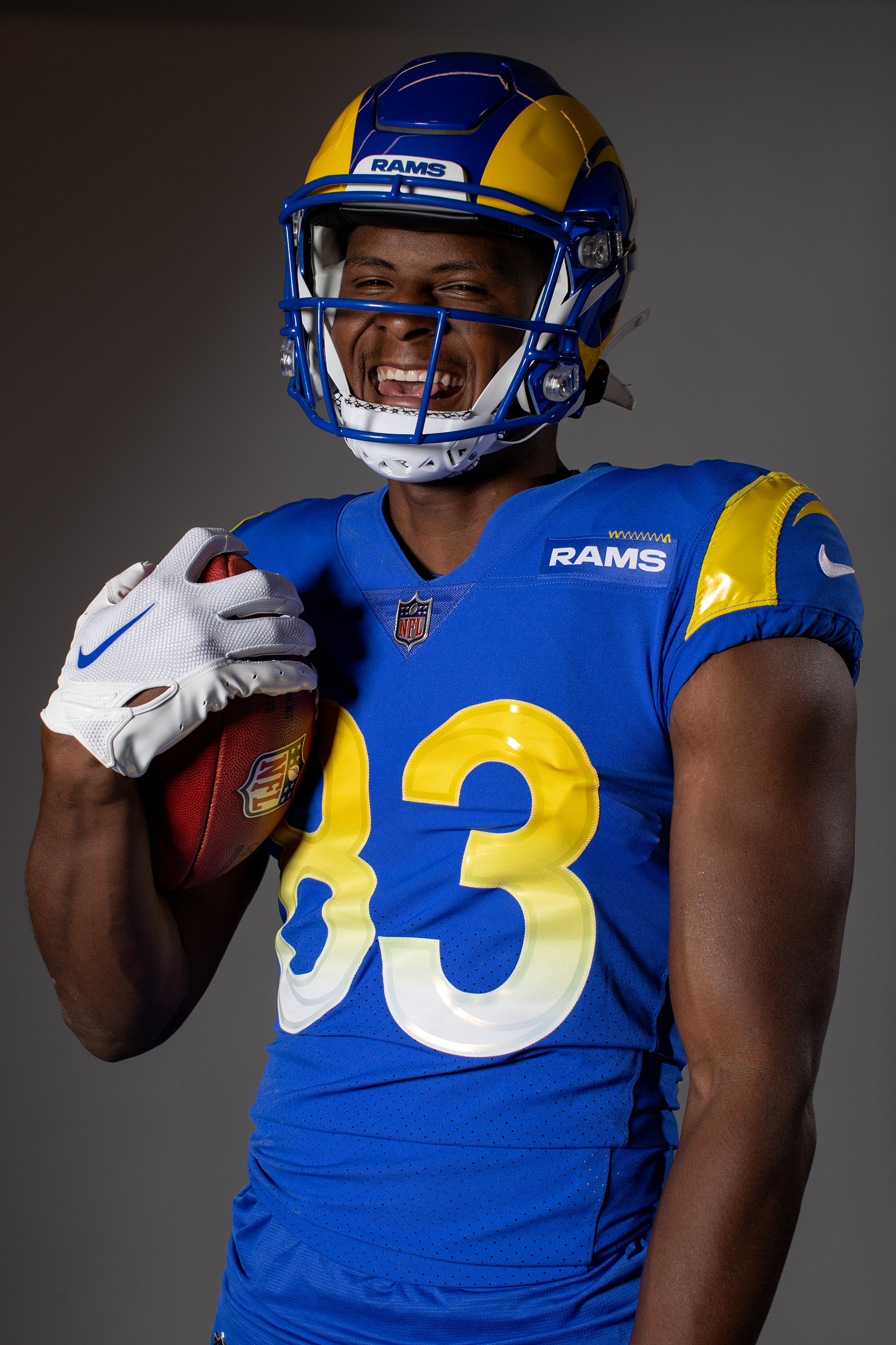 Los Angeles Rams Warren Jackson laughs during a portrait at Media Day.
