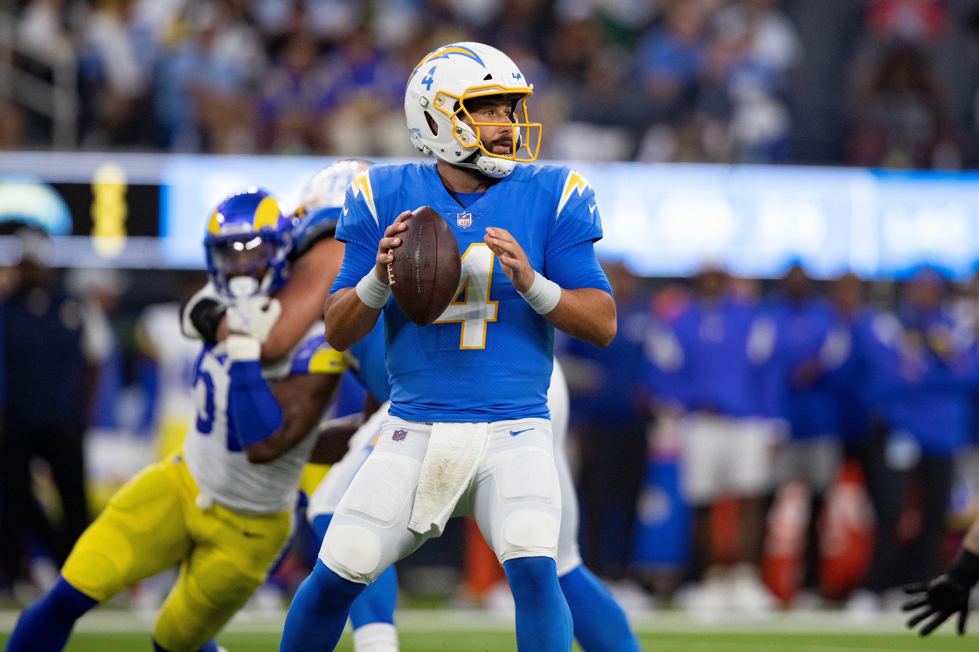 Los Angeles Chargers quarterback Chase Daniels looks to throw the football down-field. 