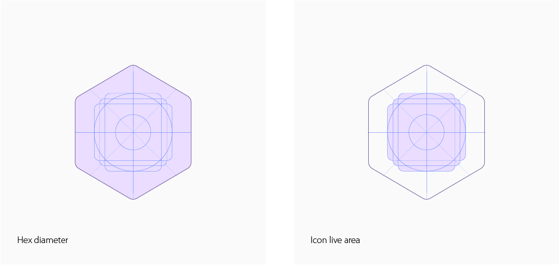 Two-columns demonstrating hexagonal diameter and icon live area: