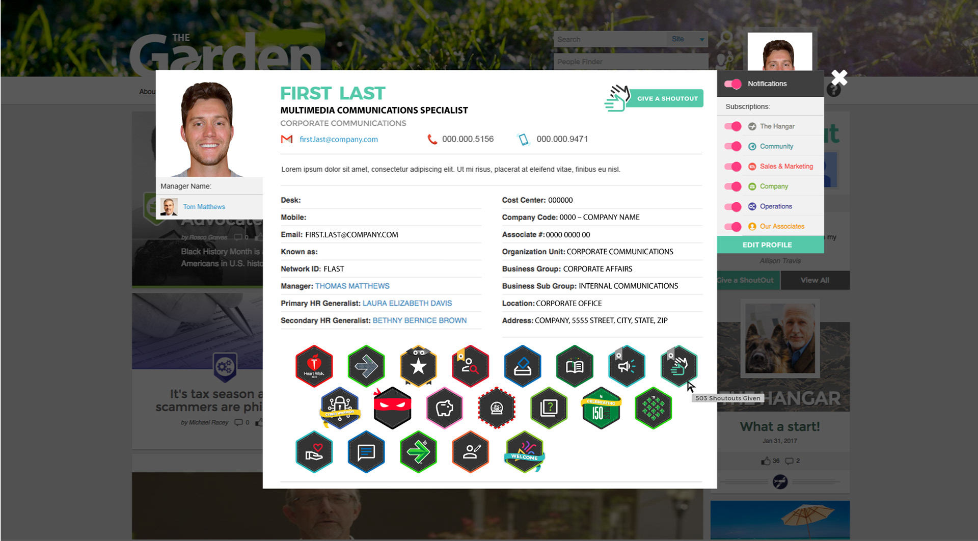 Employee profile modal box displaying triggered badges