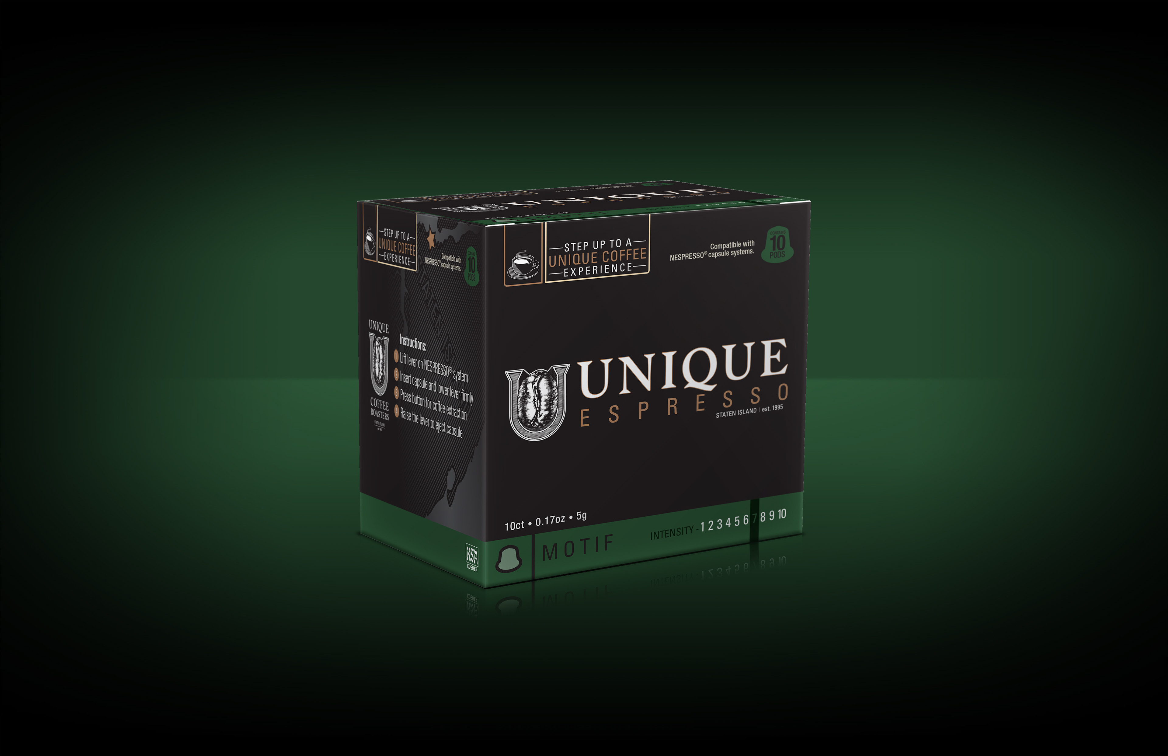 Photoshop 3D rendering of Unique Coffee Roaster's Espresso packaging designed by Andrew Thompson