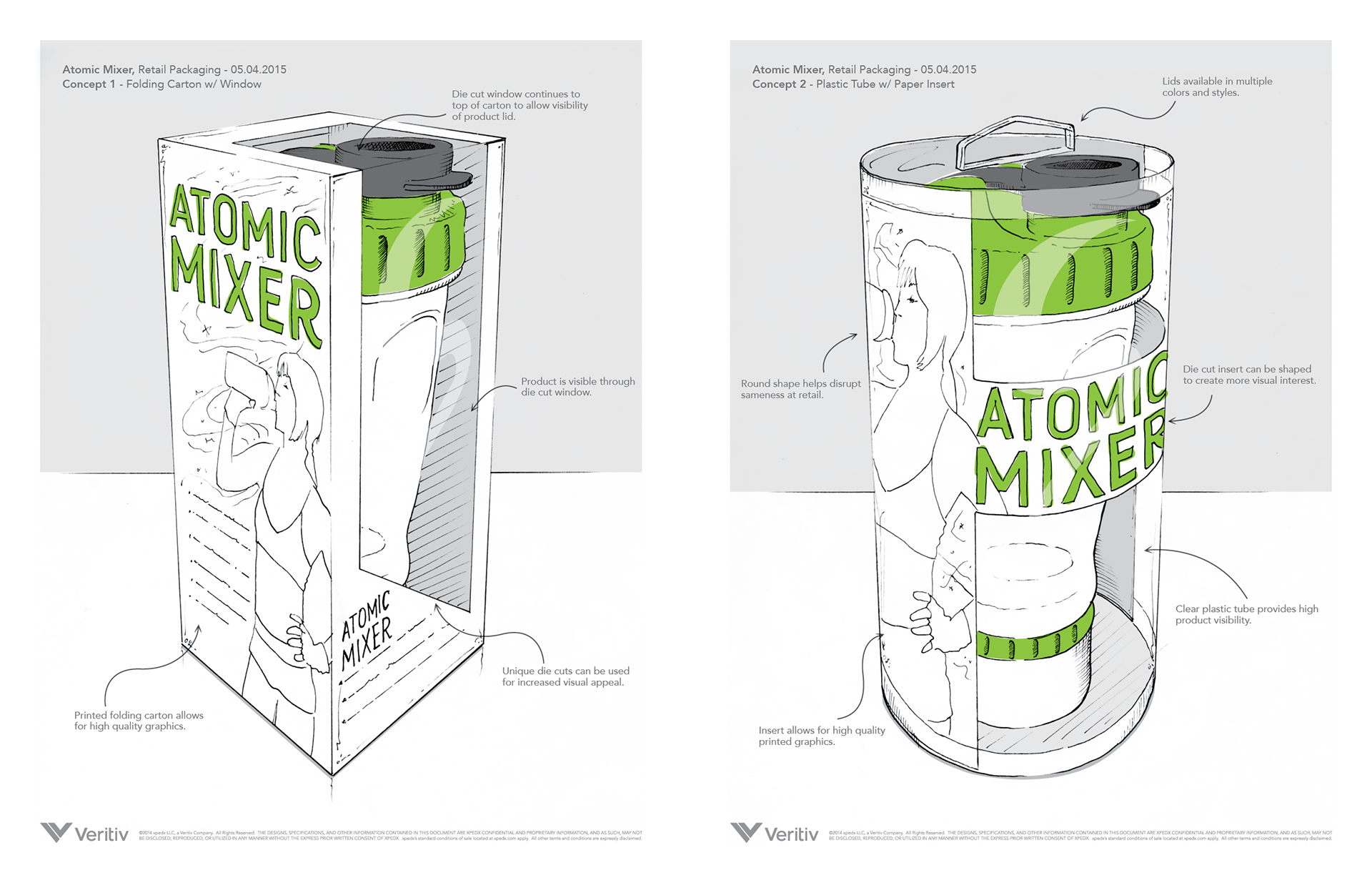Concept sketches for Atomic Mixer's retail packaging designed by Andrew Thompson