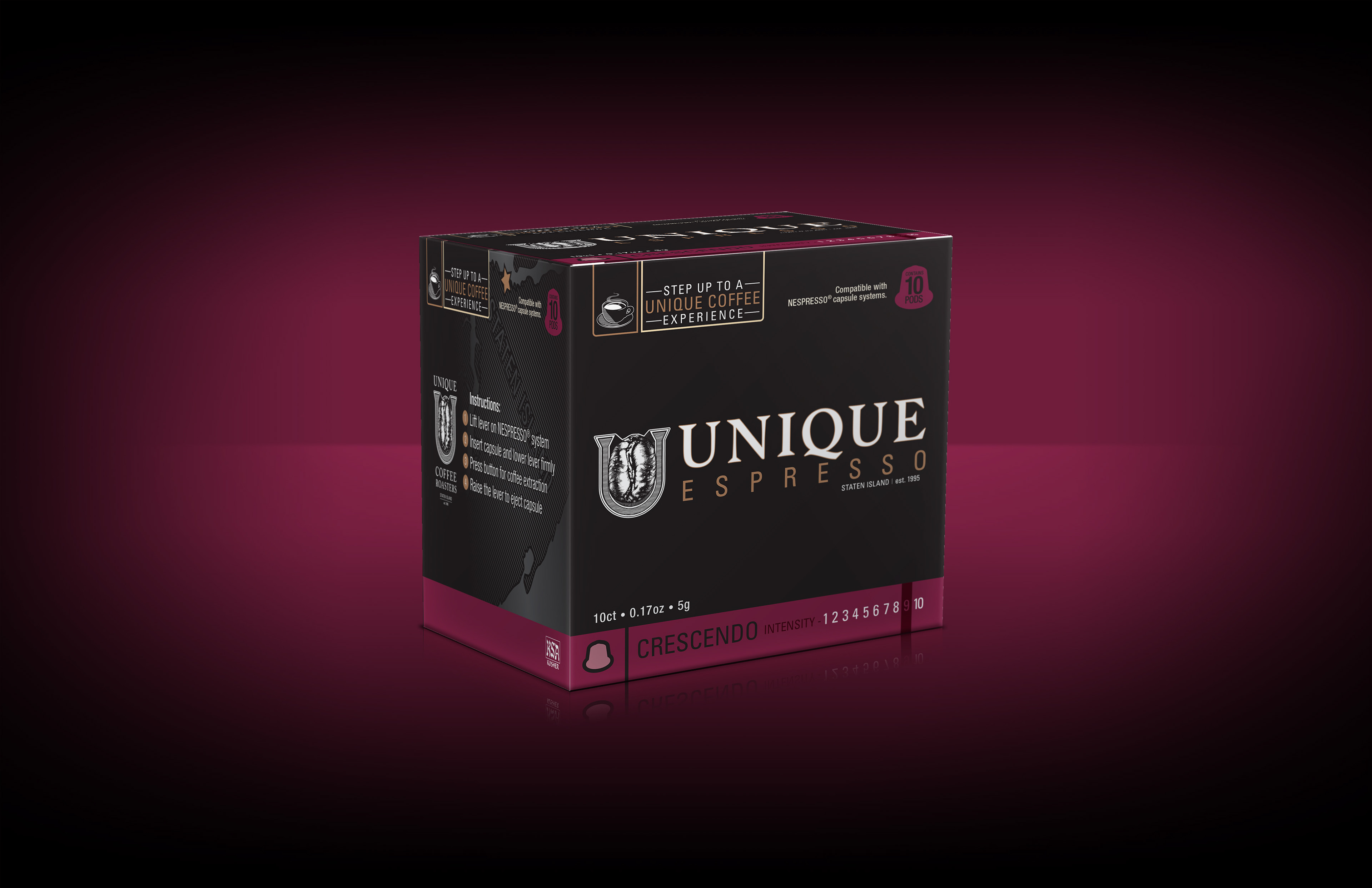 Photoshop 3D rendering of Unique Coffee Roaster's Espresso packaging designed by Andrew Thompson