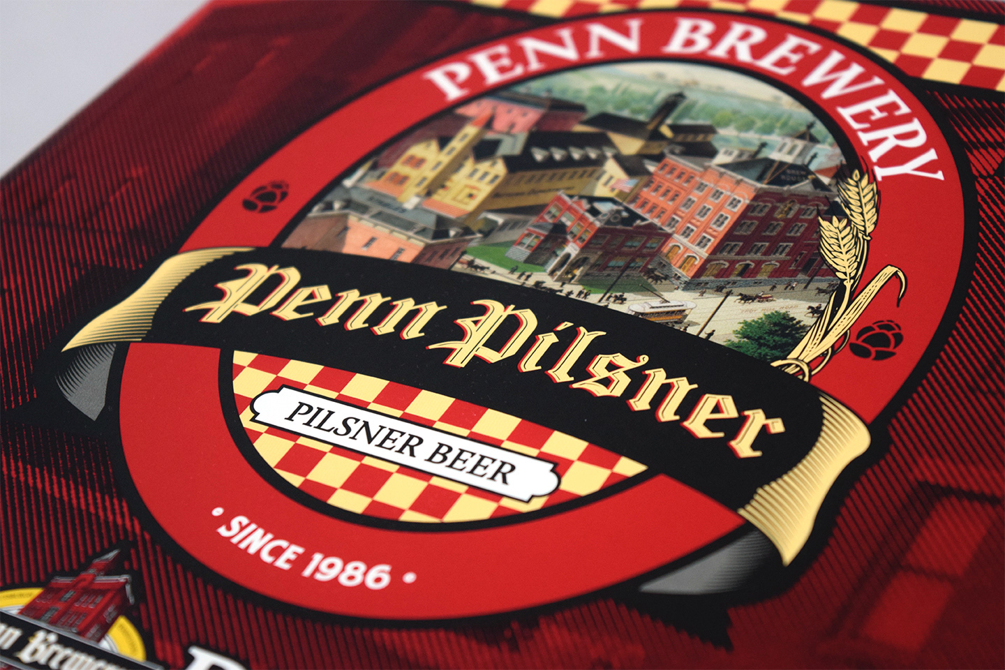 Photograph of Penn Brewery's 30th Anniversary box for Penn Pilsner designed by Andrew Thompson