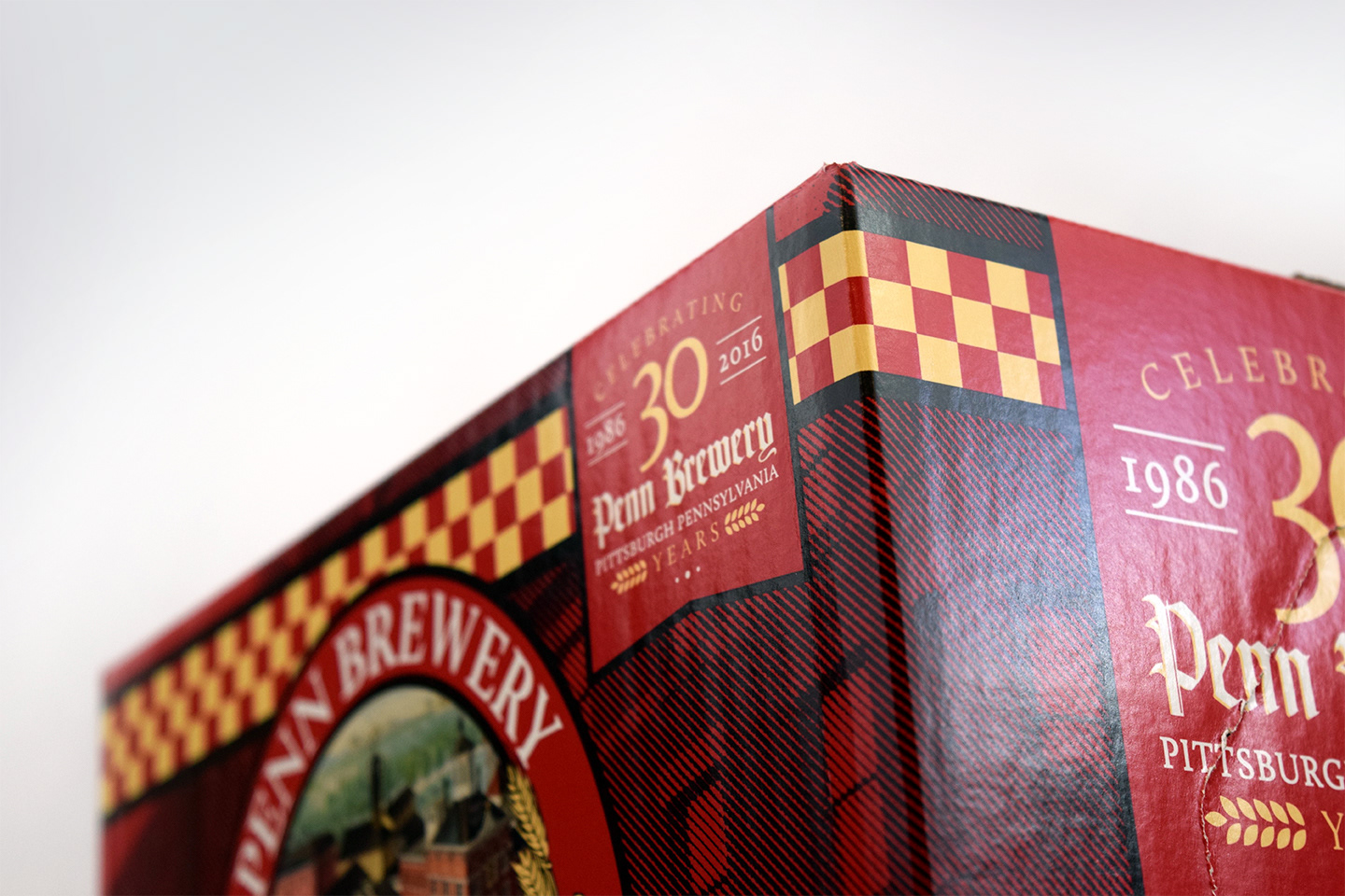 Photograph of Penn Brewery's 30th Anniversary box for Penn Pilsner designed by Andrew Thompson