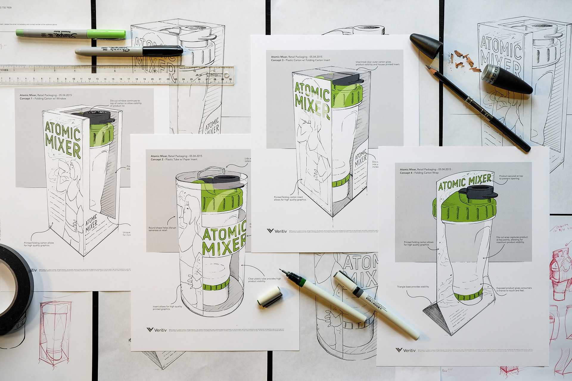 Concept sketches for Atomic Mixer's retail packaging designed by Andrew Thompson