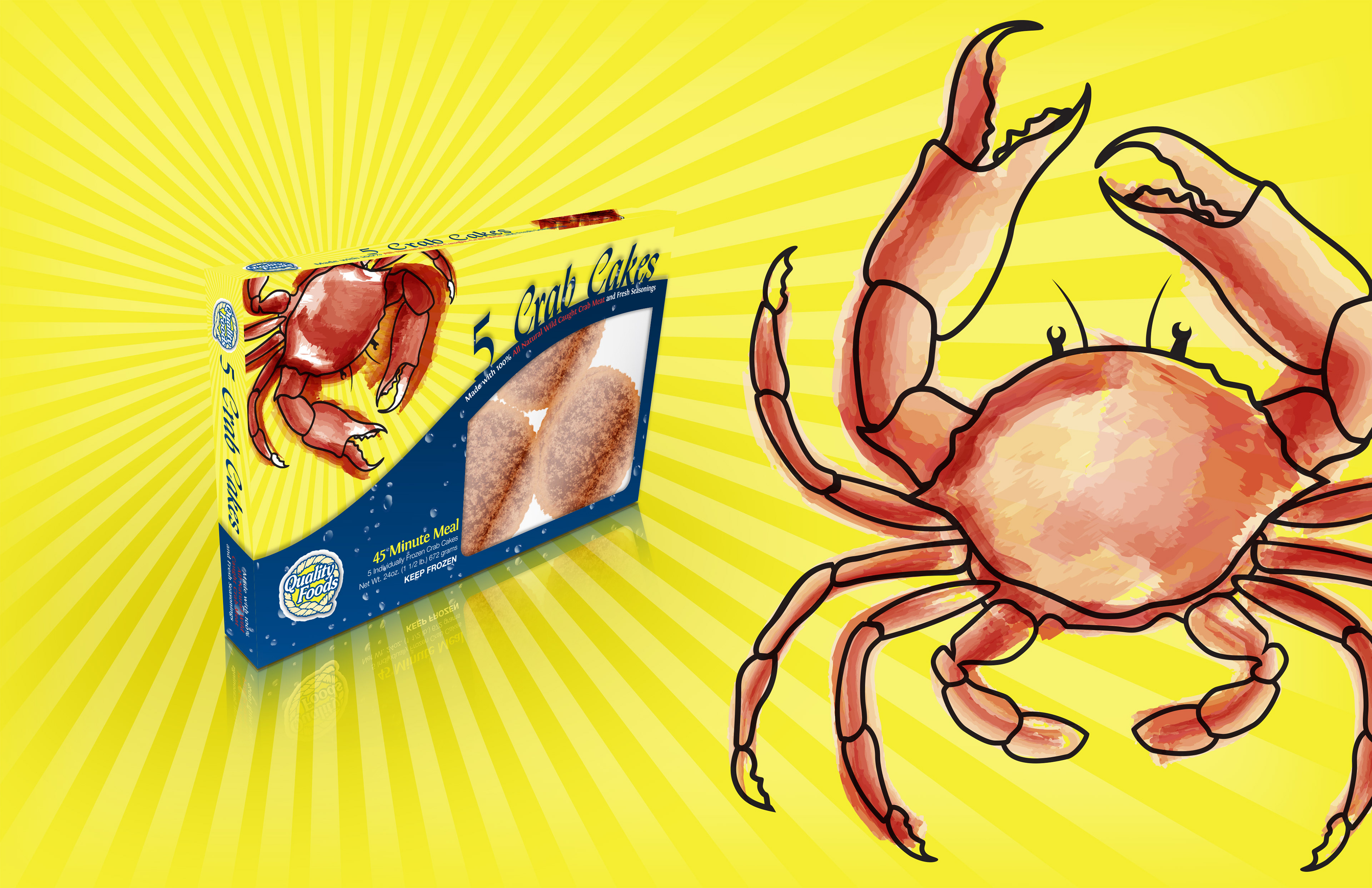Concept rendering and graphics for Quality Foods crab cakes retail packaging designed by Andrew Thompson